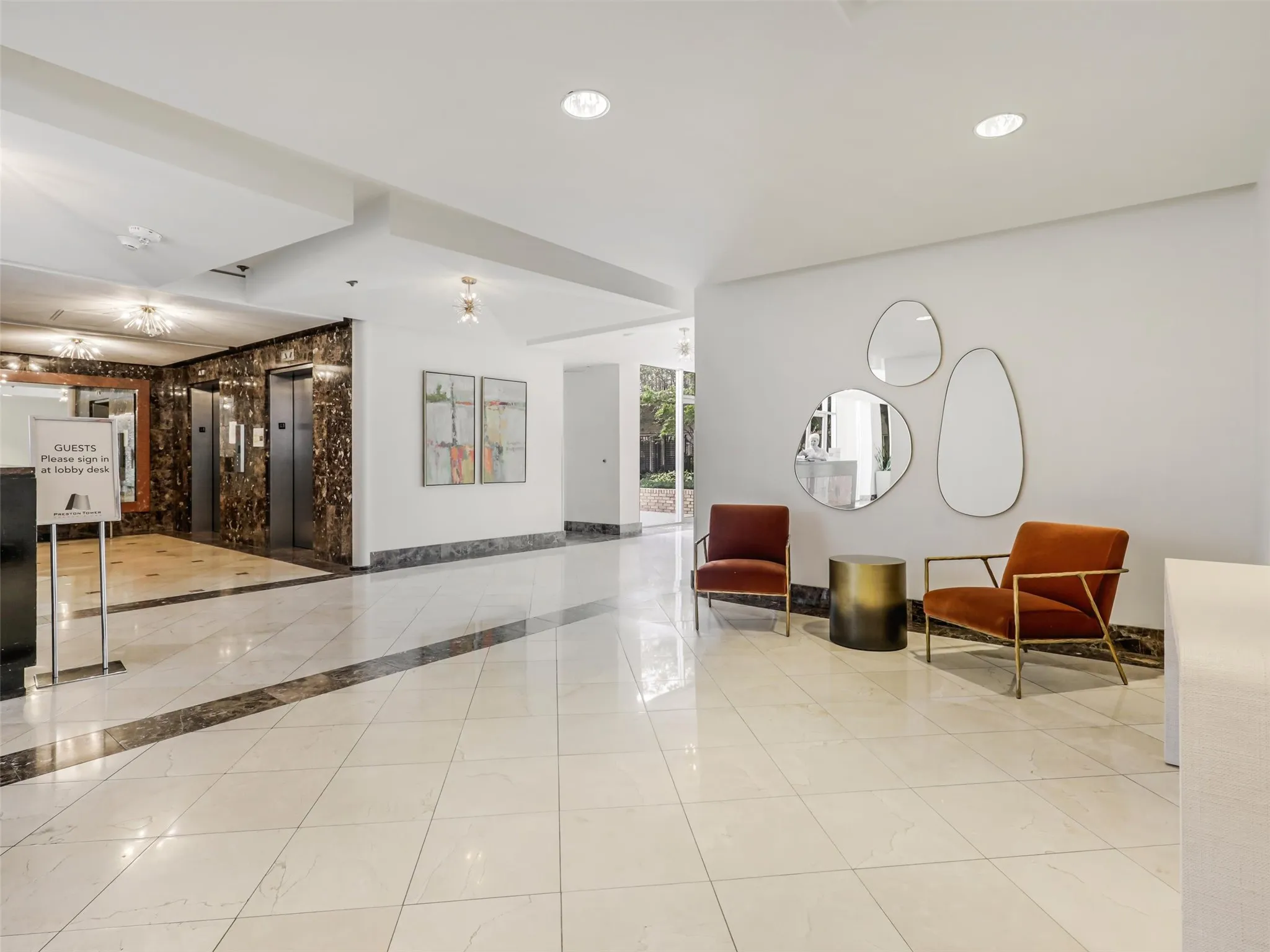 Preston Tower offers elevated, low-maintenance lifestyle: 24hr concierge & security, pool with fire pit & courtyard lounge, fitness center, tennis & pickleball court, dog park, community club room with library & car wash bay. First two floors offer on-site conveniences incl a coffee cafe, cocktail lounge, salons, barber shop, flower shop & more.
