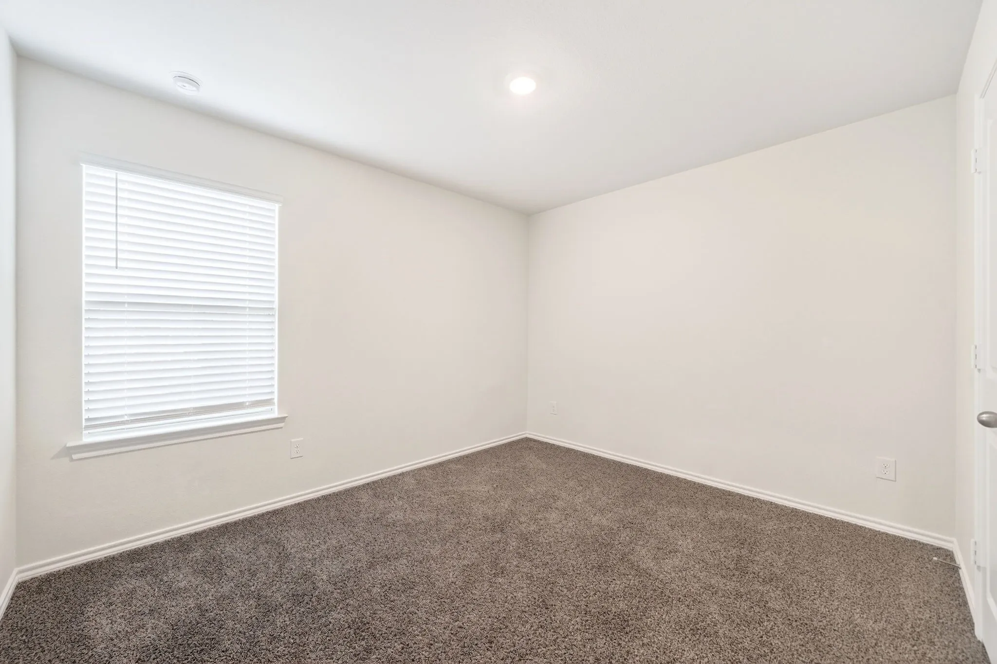 Recessed ceiling light, neutral wall paint, white trim, and plush carpeting