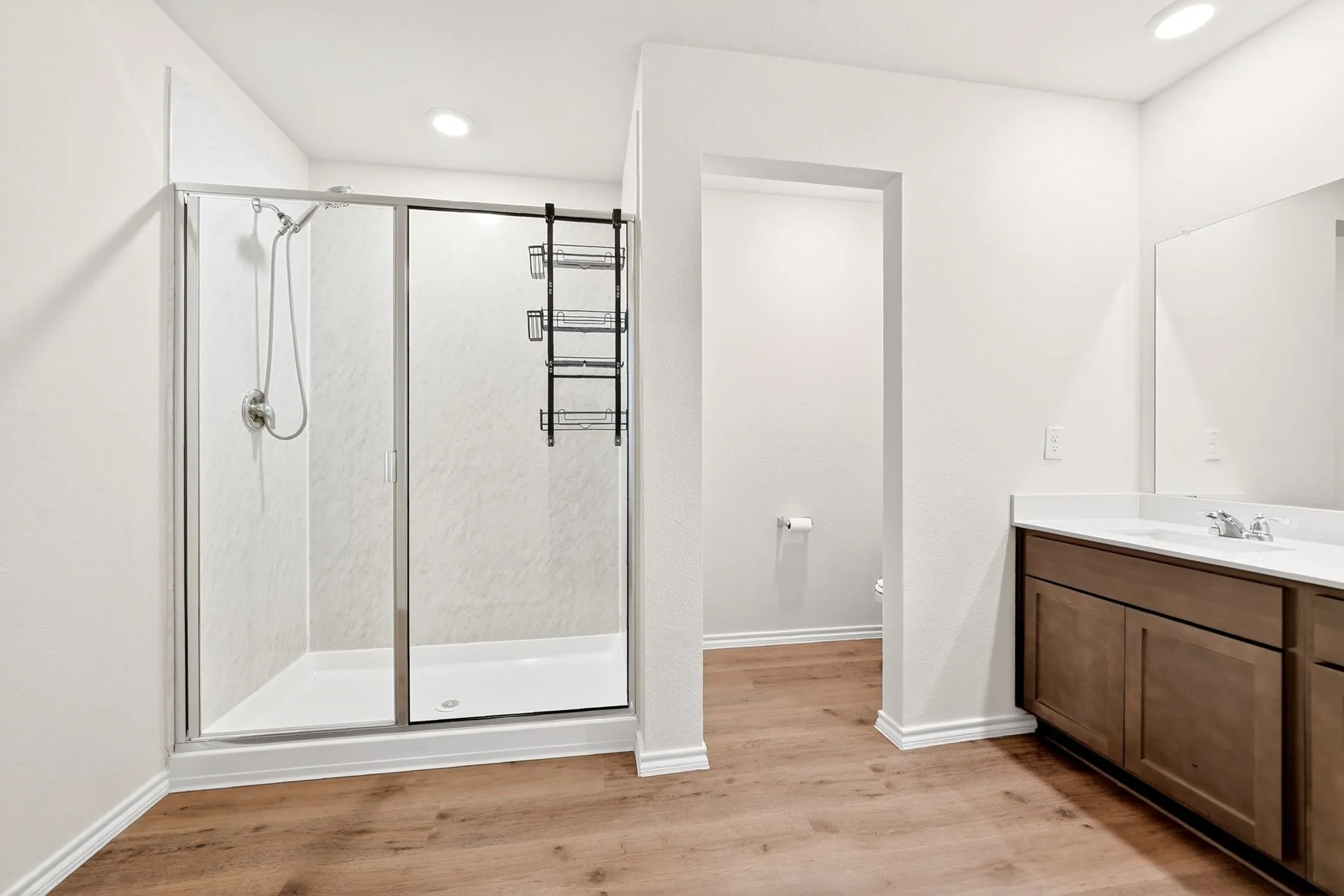 Glass-enclosed shower with a sliding door, wood-finish flooring, recessed lighting, a vanity with wood-finish cabinetry, and a built-in mirror