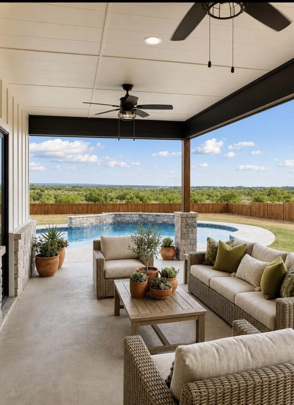 Covered patio with recessed lighting and ceiling fans