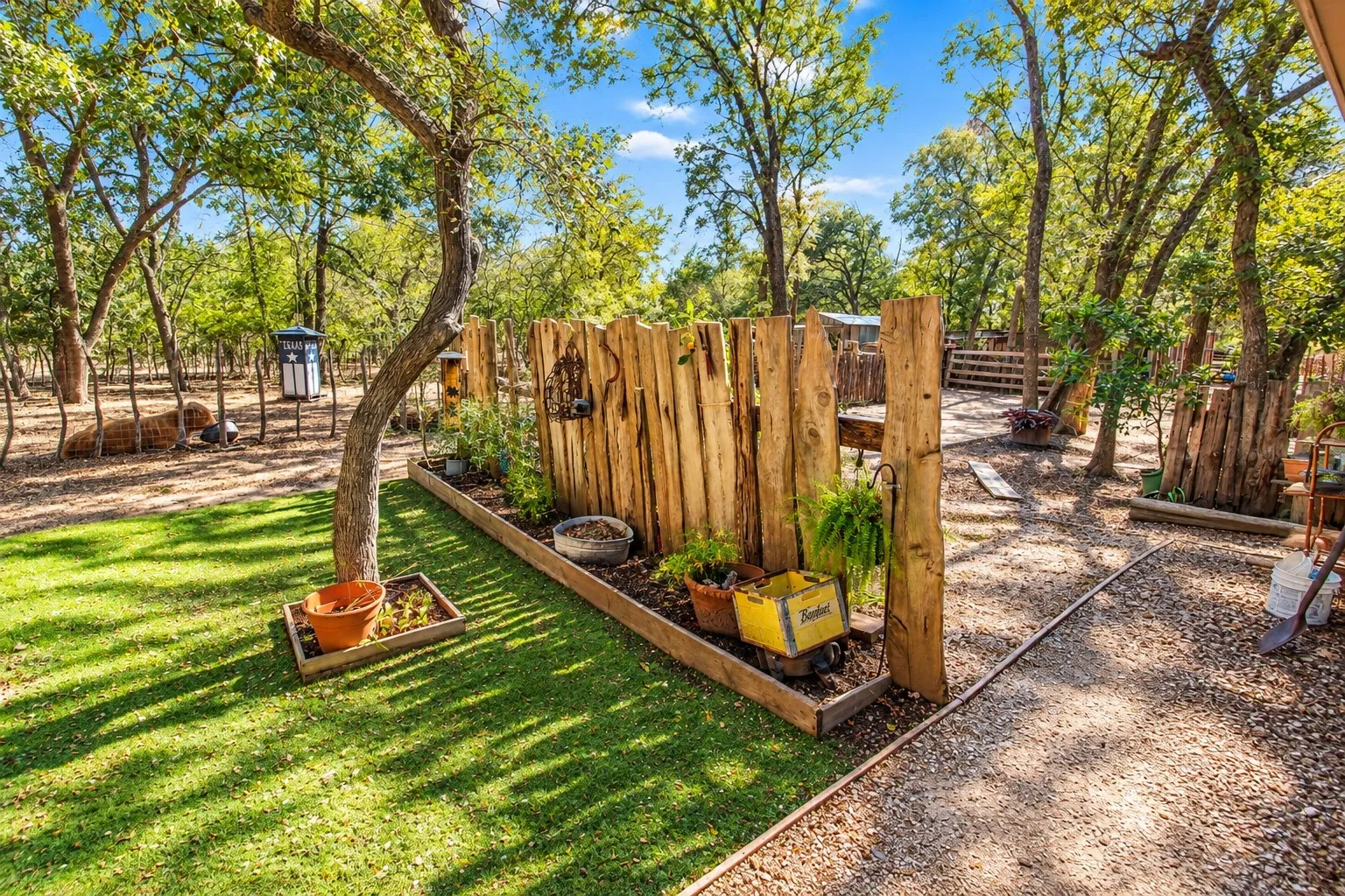 Expansive outdoor space featuring mature trees, a manicured lawn, a gravel pathway, a custom wood privacy fence, and a raised planter bed