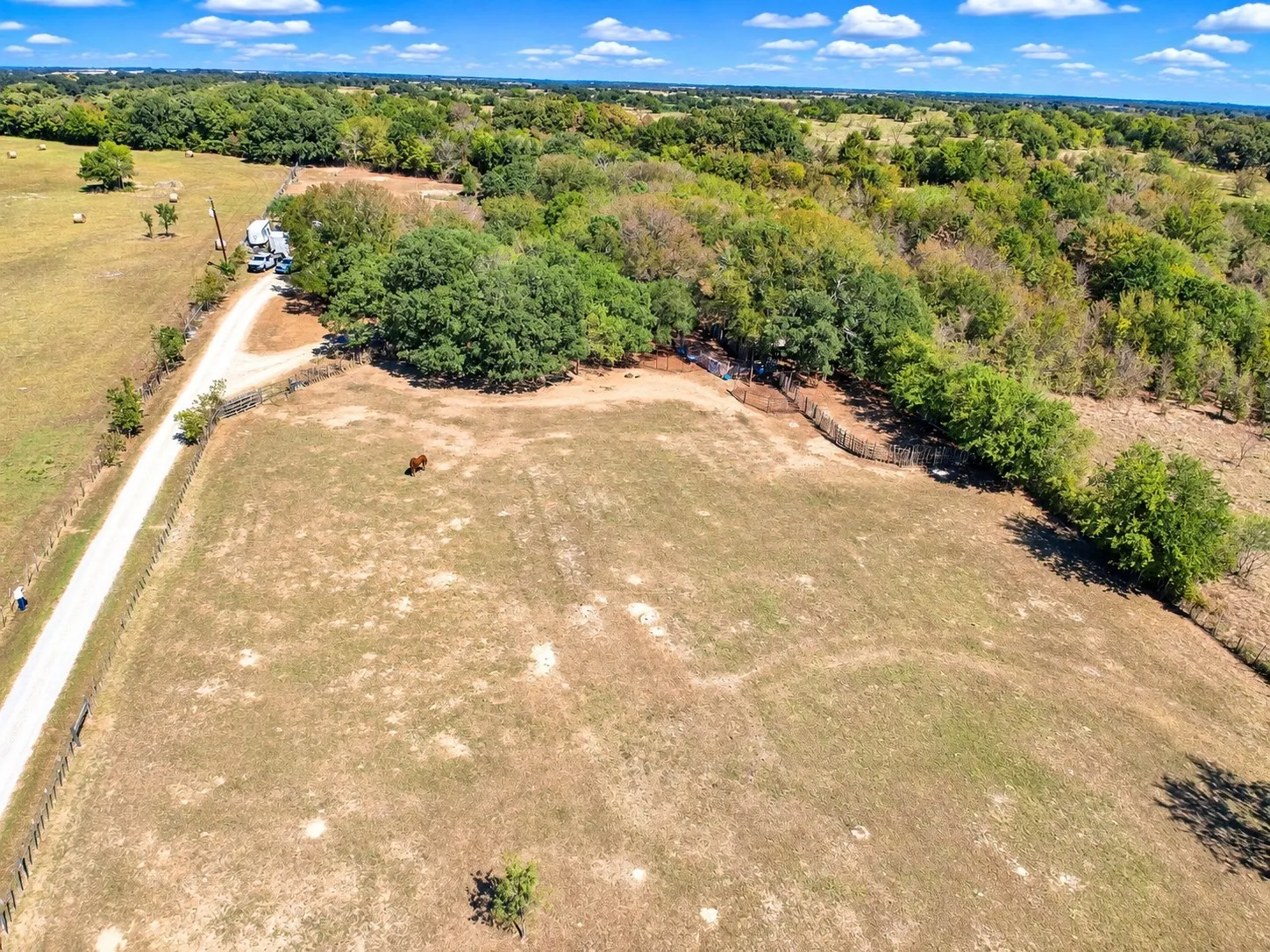Expansive rural property featuring an unpaved road, mature trees, and a spacious open field