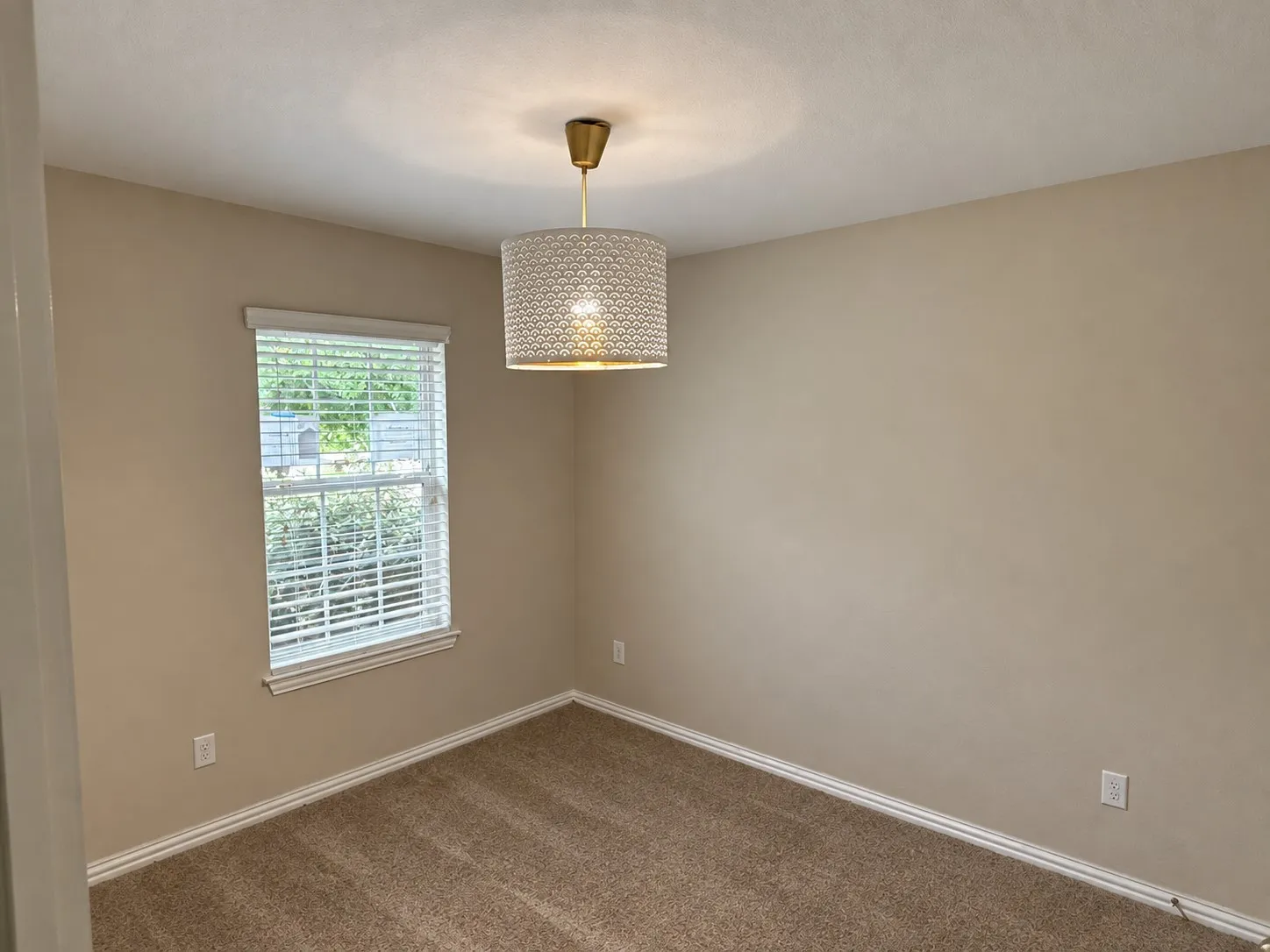 Neutral-toned walls, carpet flooring, window with blinds, and a drum pendant light fixture