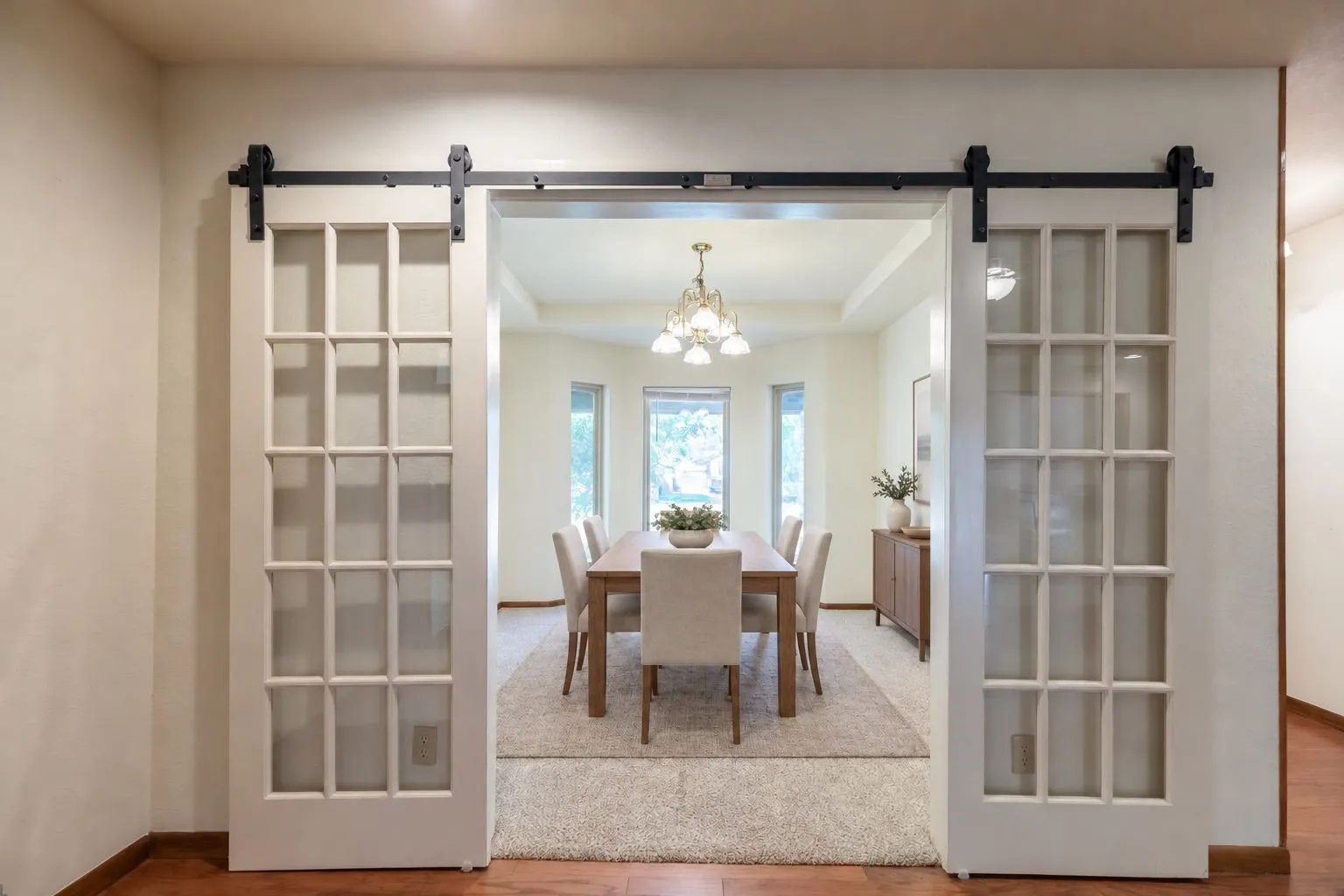 Double barn doors with glass panels and black hardware