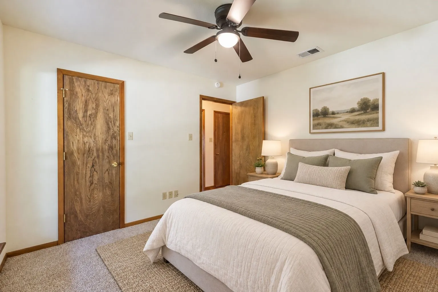 Wall-to-wall carpeting with wooden baseboards, ceiling fan with integrated lighting, and solid core doors
