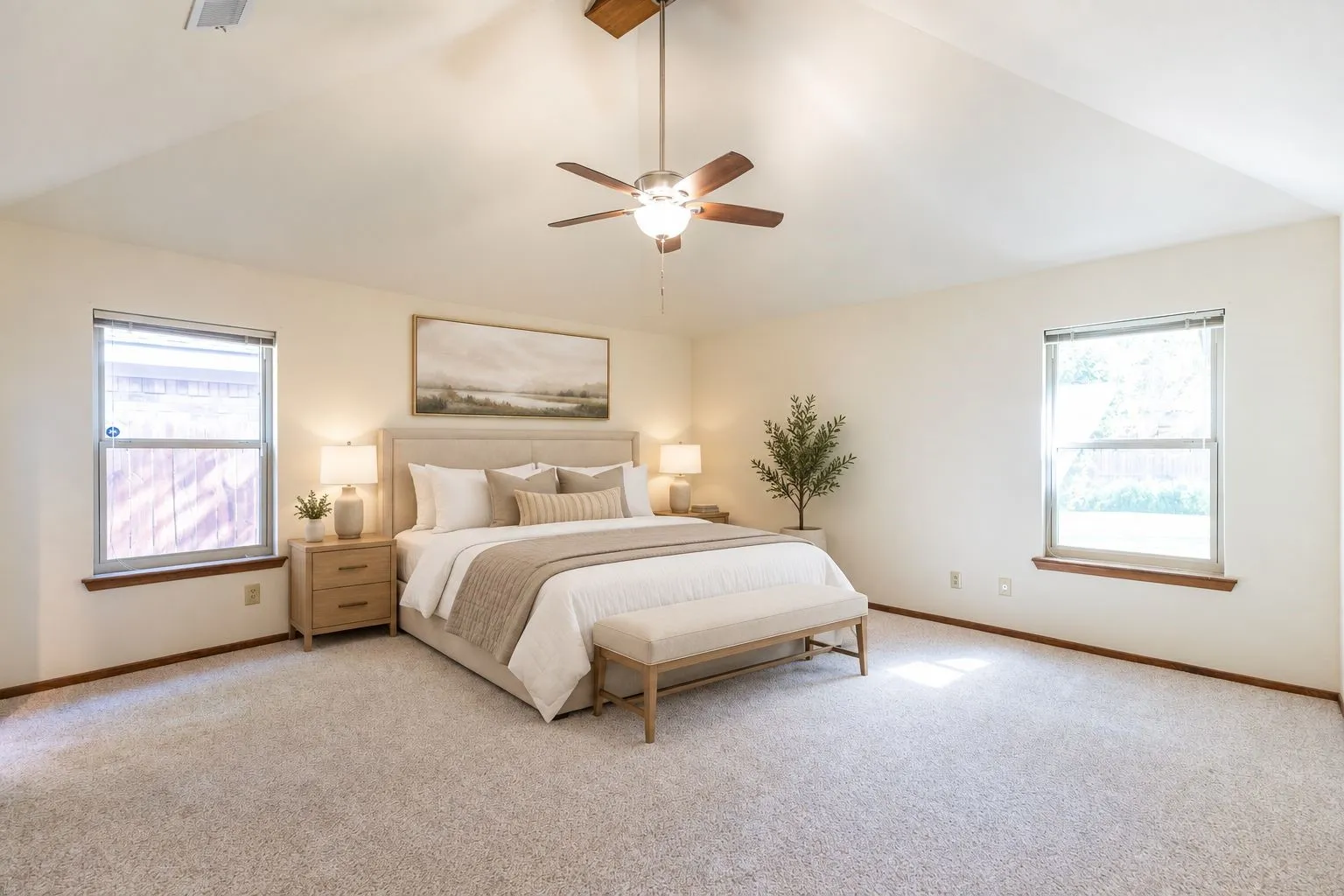 Vaulted ceiling, ceiling fan with light fixture, two windows with wood sills, and light-colored carpeting