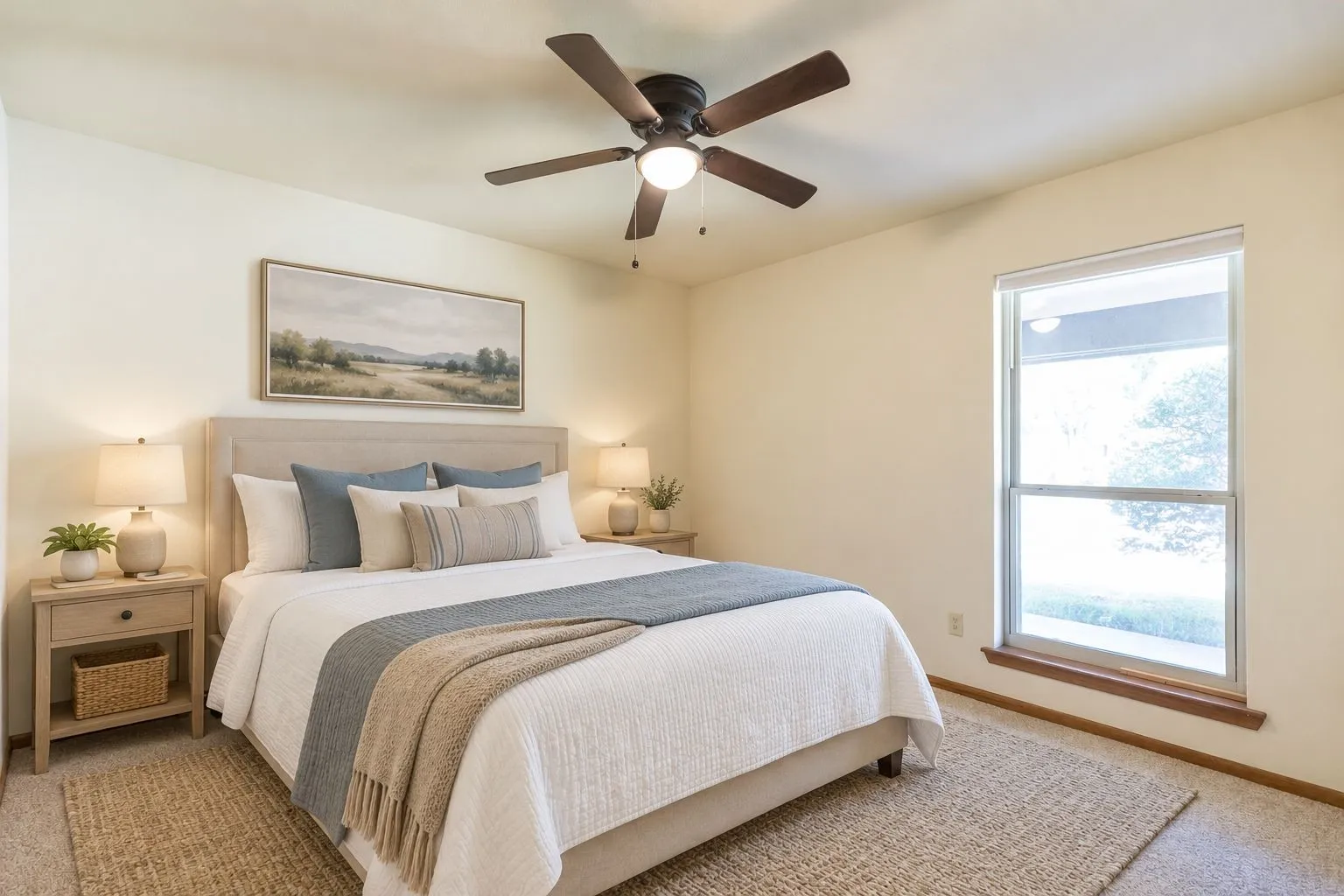 Window with wood sill, light-colored walls, and a ceiling fan with integrated lighting