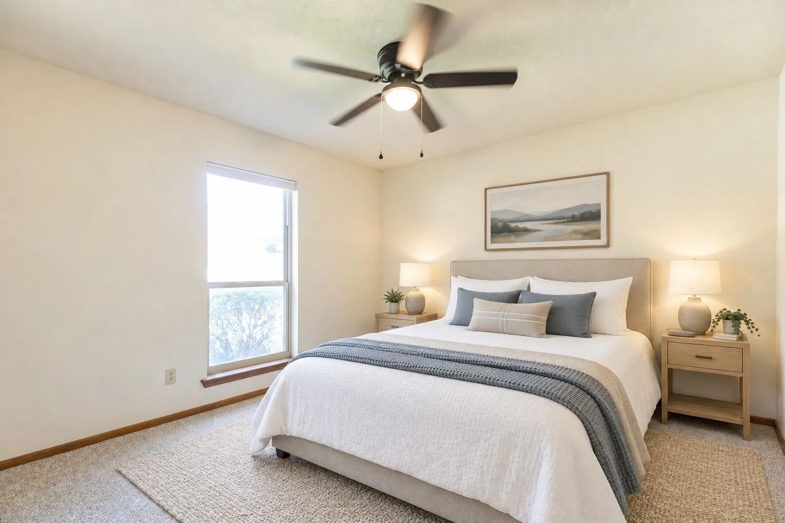 Recessed lighting and ceiling fan, carpet flooring, and a large window with wood trim