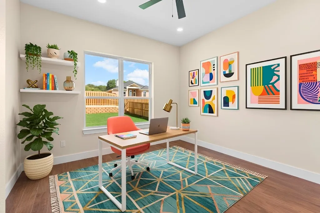 Wood-finish flooring, recessed lighting, and a ceiling fan
