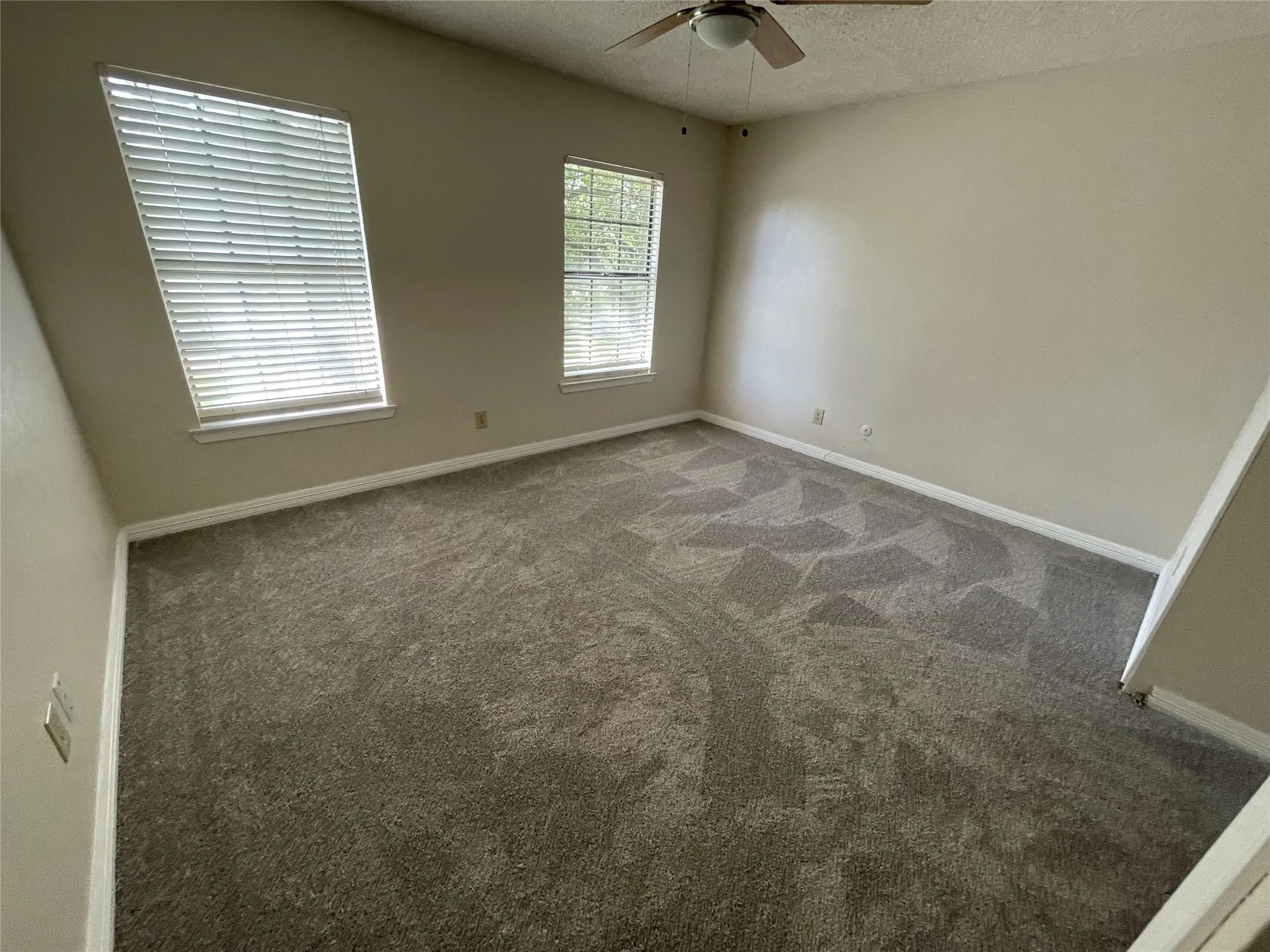 Neutral tone walls with textured carpet flooring, two windows with blinds, and a ceiling fan
