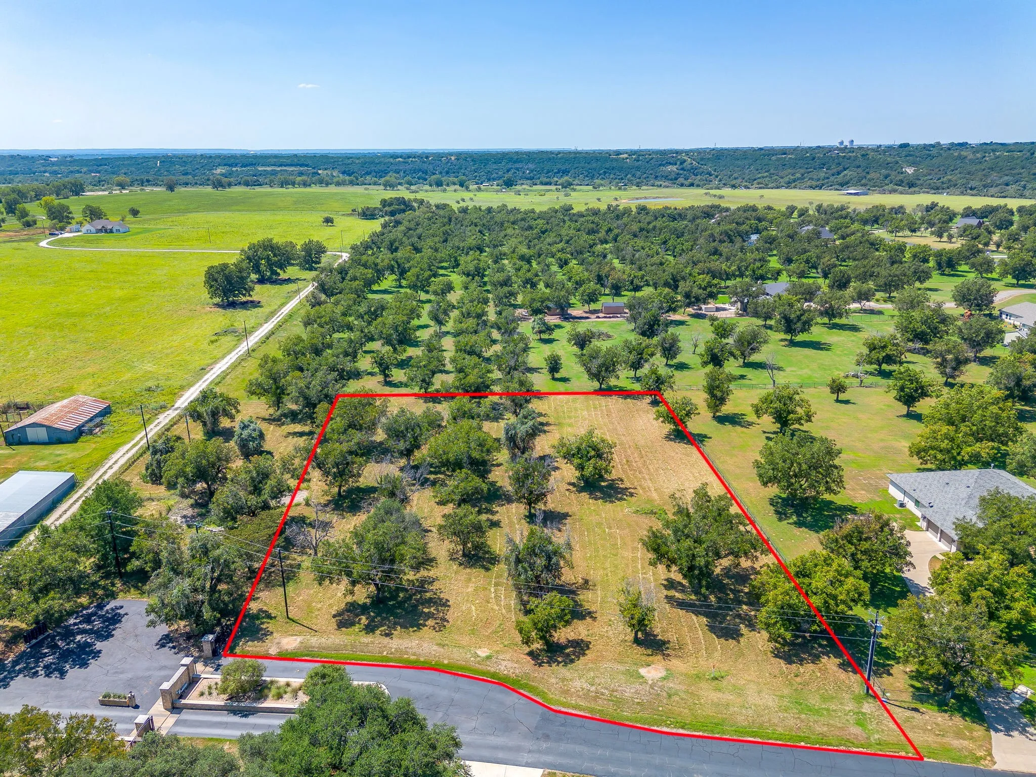 Expansive lot with mature trees, defined by a clear boundary