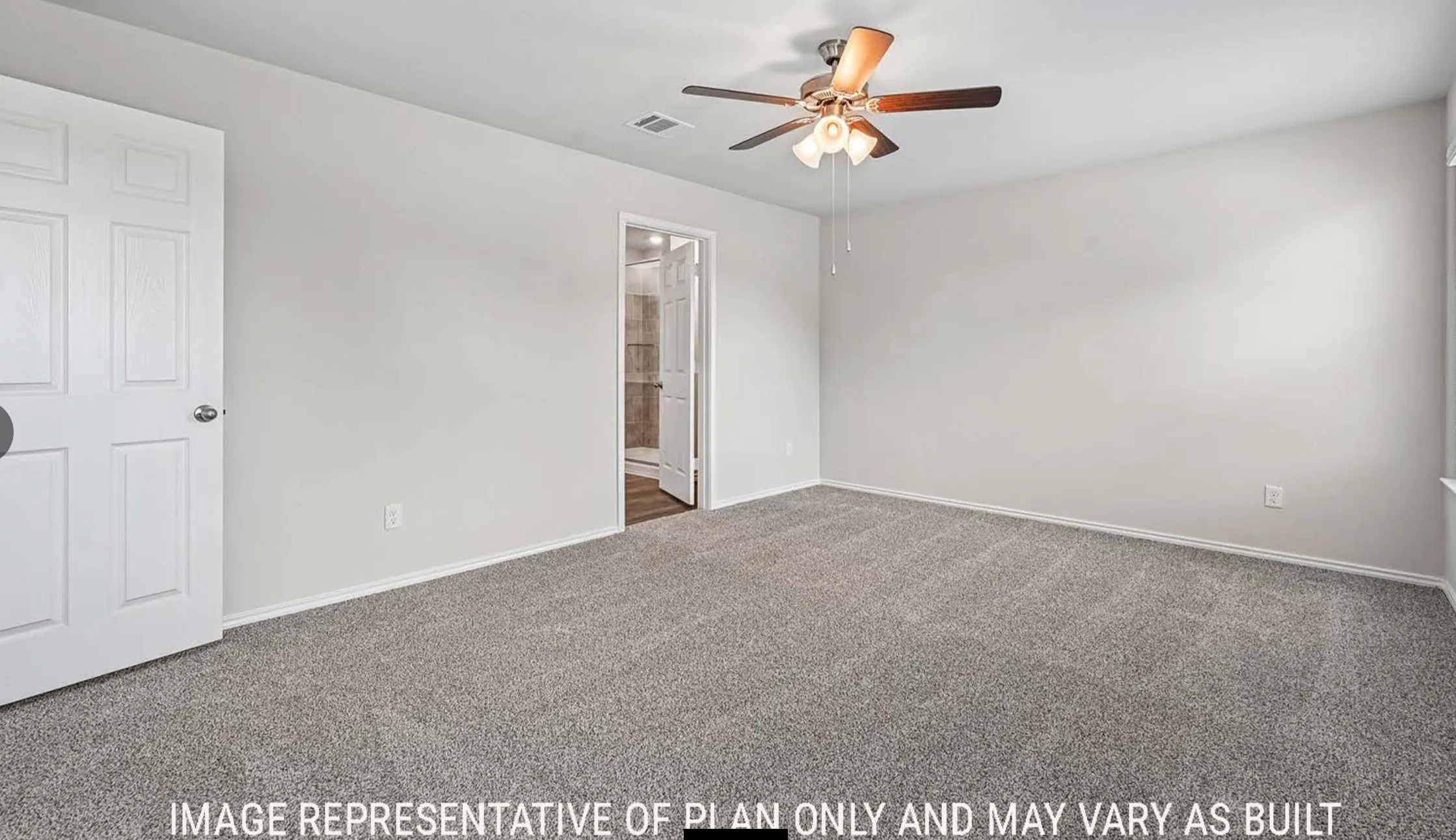 Neutral wall paint, ceiling fan with integrated lighting, and carpeted flooring