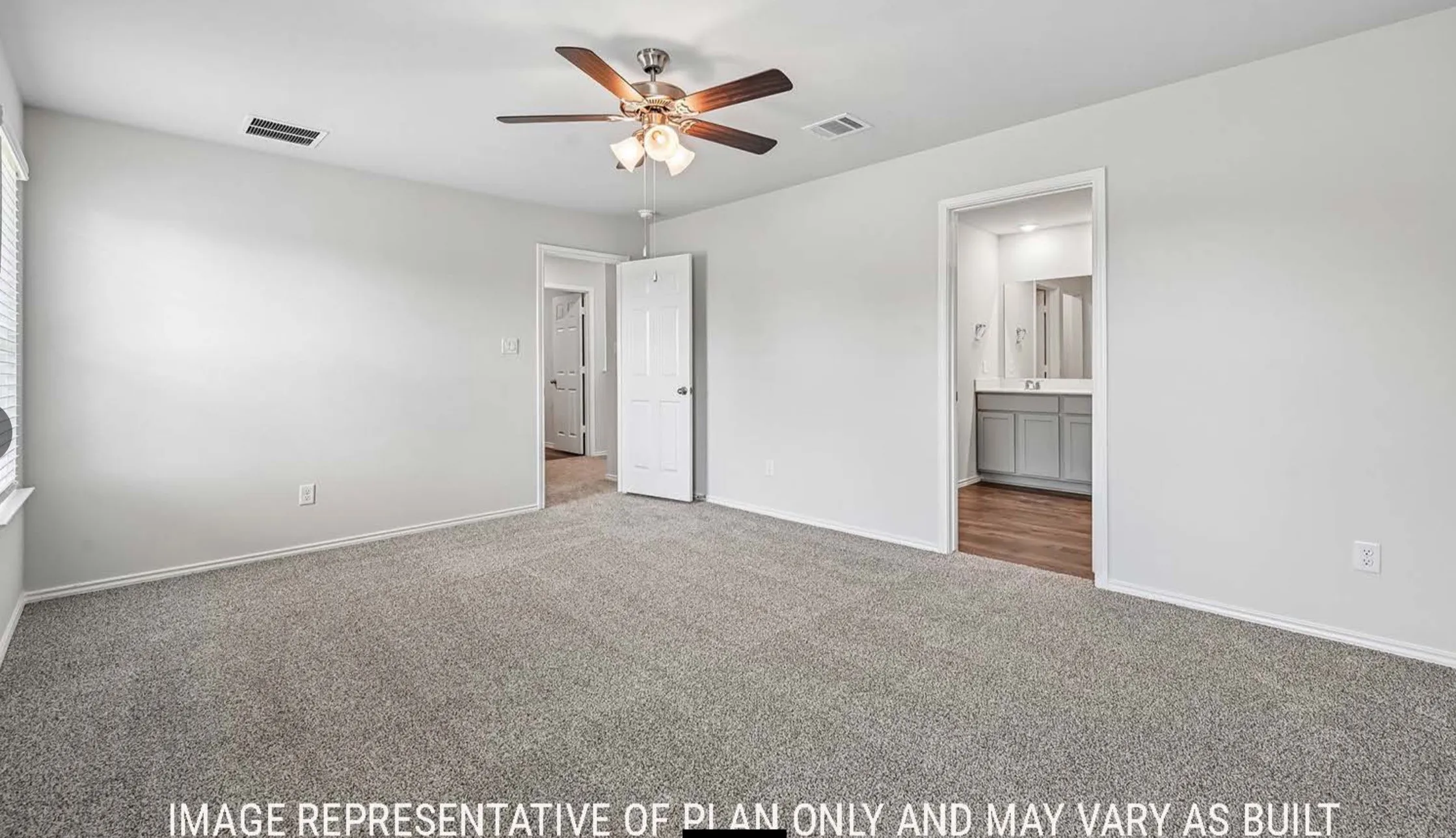 Carpeted room with a ceiling fan, white walls, and a window with blinds