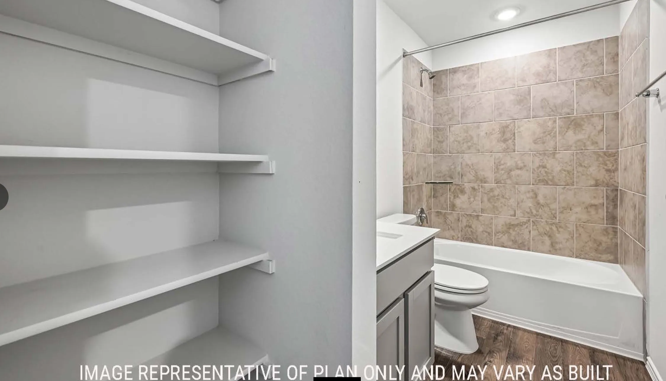 Contemporary bathroom featuring a tub/shower combination with tile surround, a built-in vanity with countertop, and wood-finish flooring