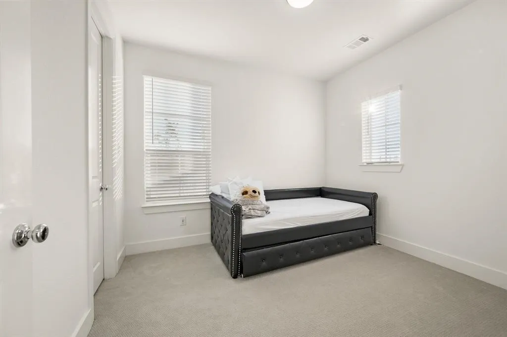 Neutral-toned carpeting, white walls, and two windows with blinds