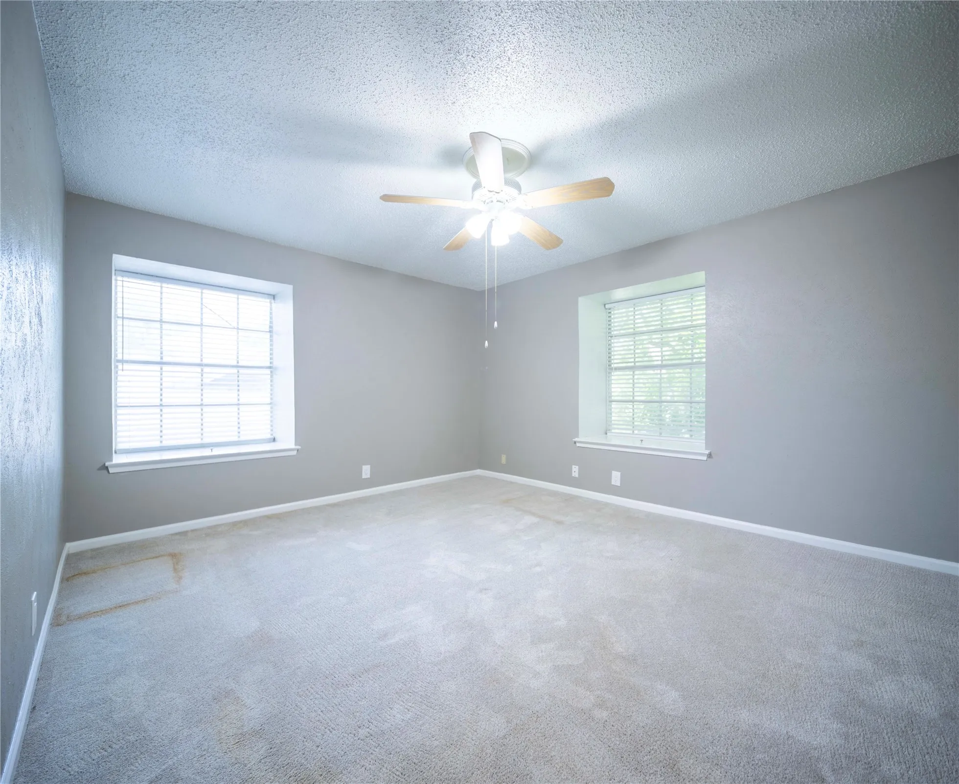 Room featuring two windows with horizontal blinds, a ceiling fan with light fixture, and light-colored carpeting