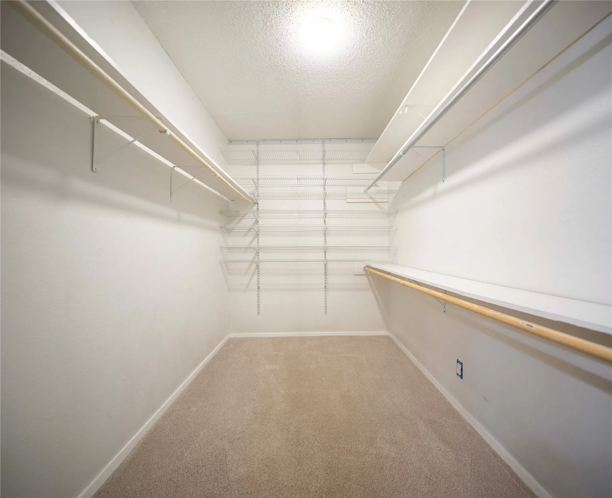 Carpeted closet space featuring built-in wire shelving and hanging rods