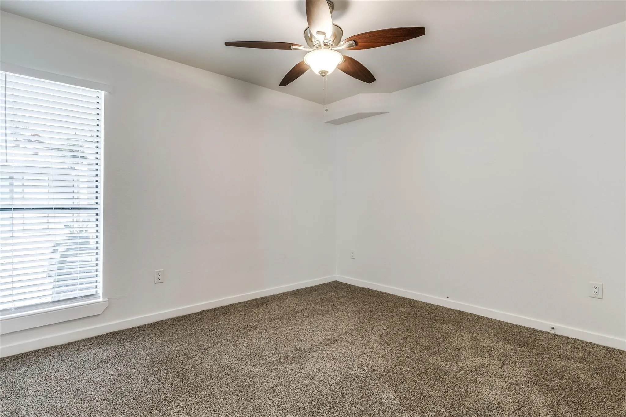 White walls with a ceiling fan, window with blinds, and carpeted flooring