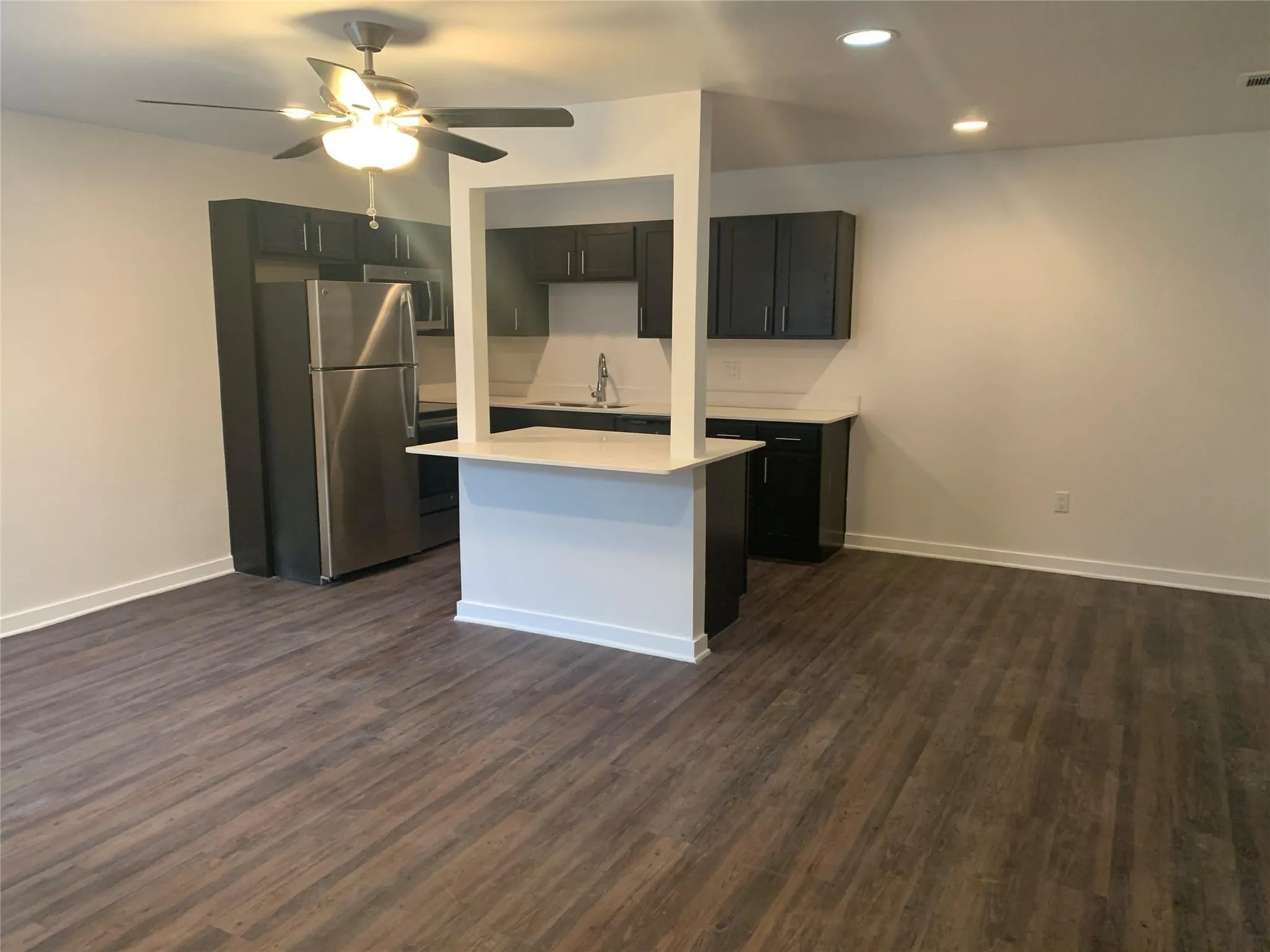 Open-concept kitchen and living area featuring wood-finish flooring