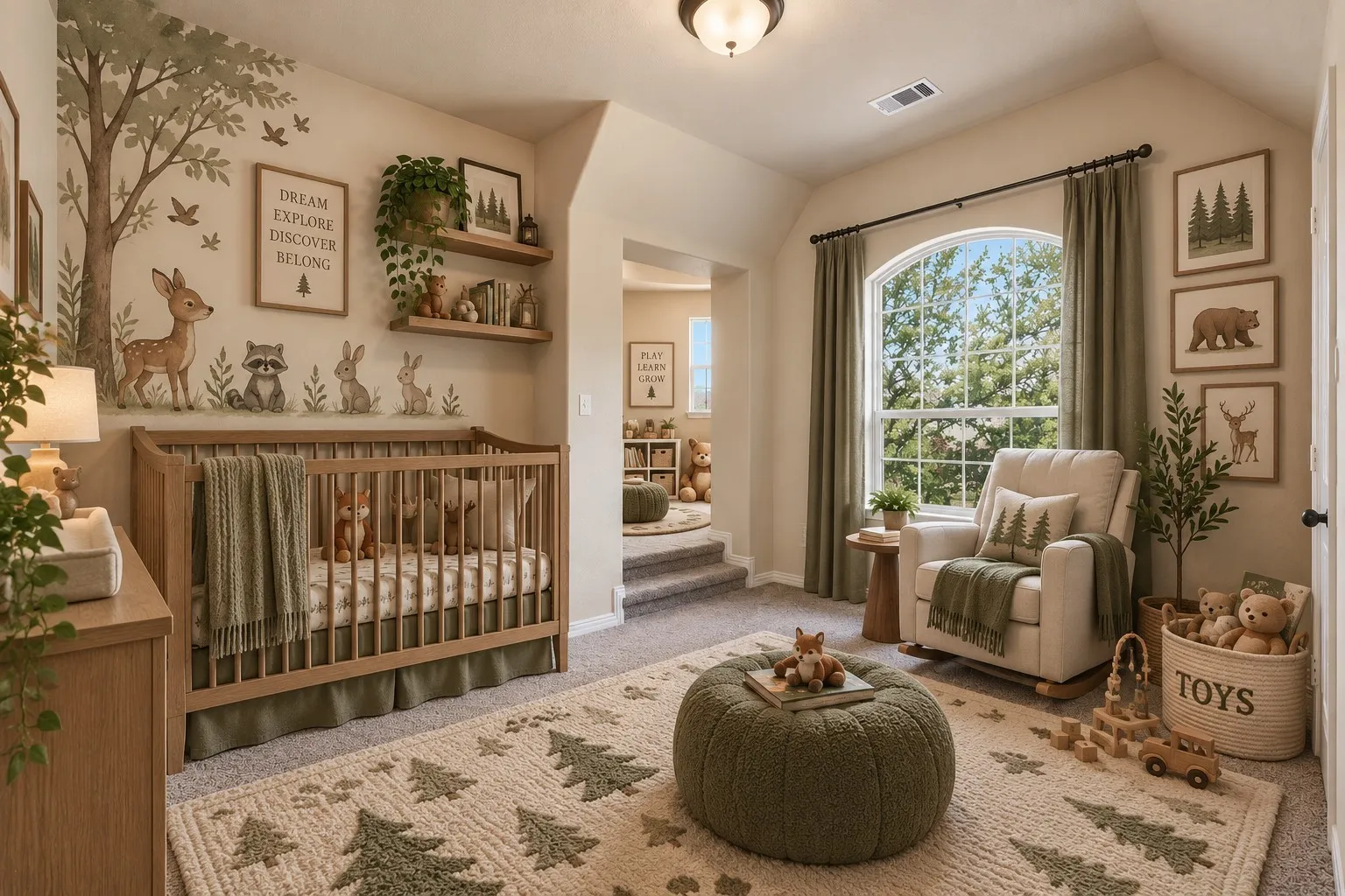 Bedroom with tower sitting area; digitally staged