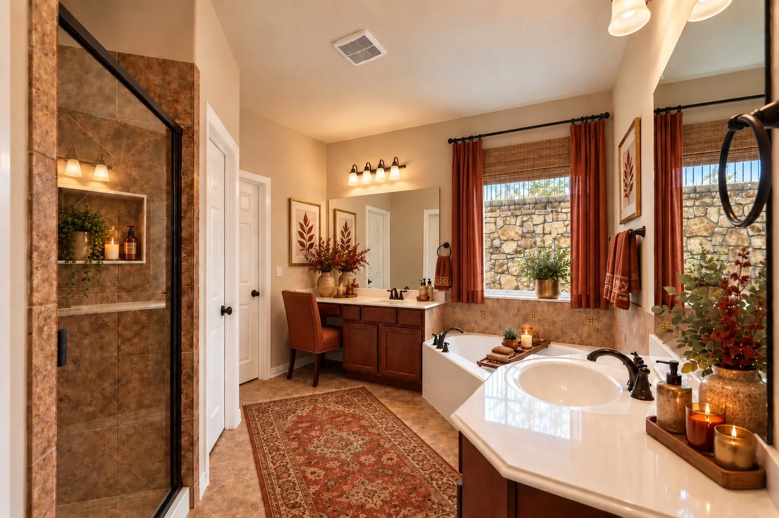 Primary Bath; digitally staged