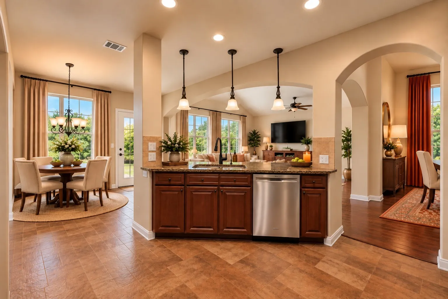 Island with bar seating; digitally staged