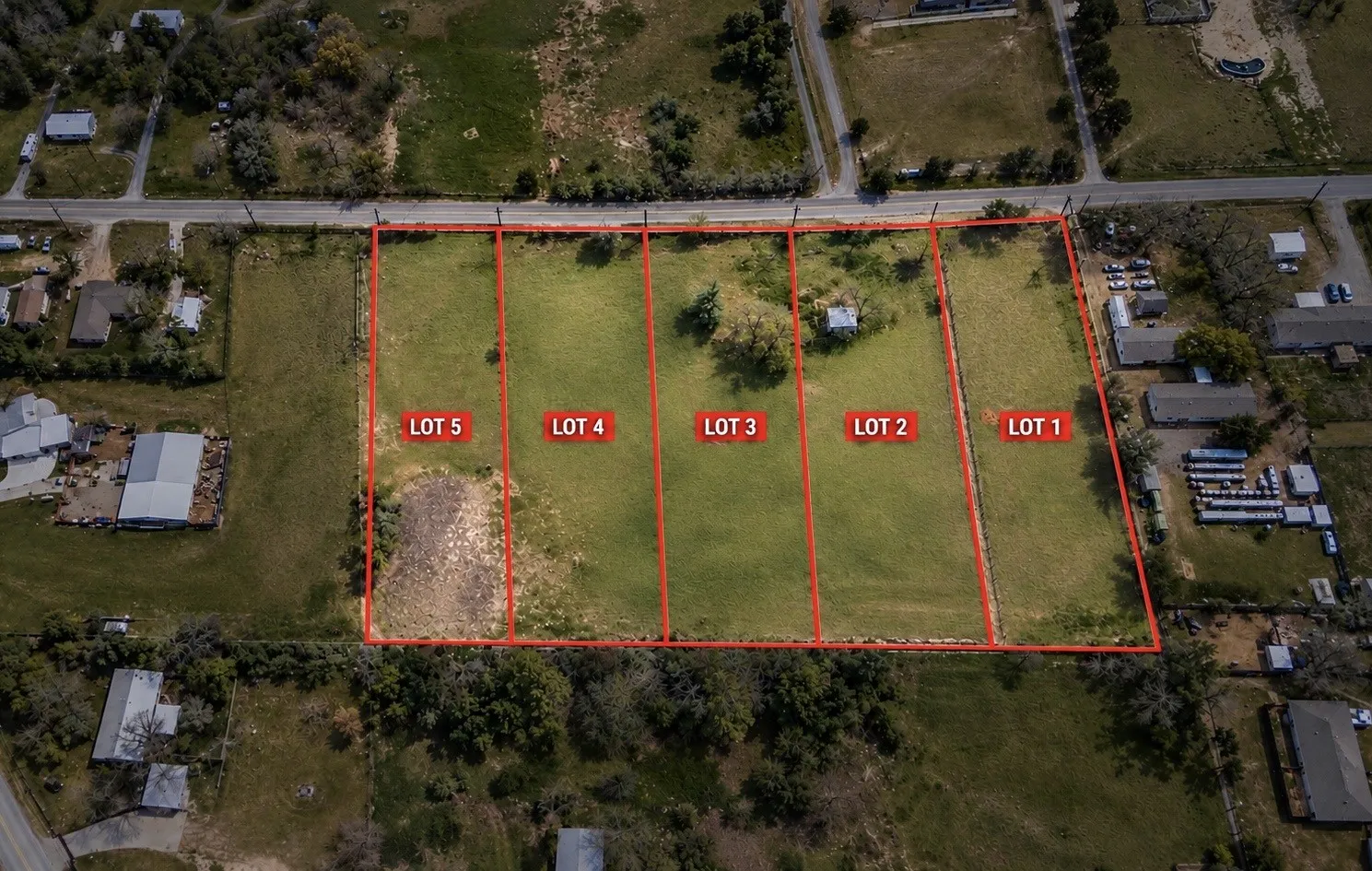 Five distinct parcels of land, each featuring expansive green spaces