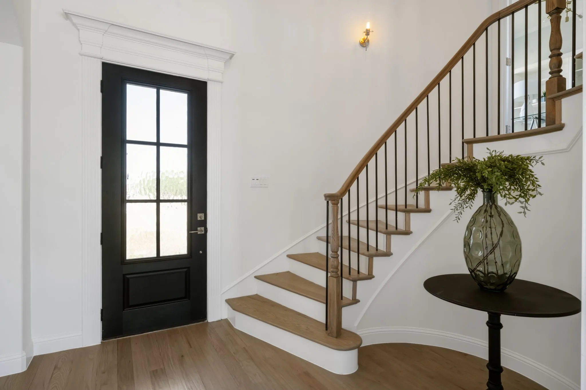 Black paneled entry door with glass inserts