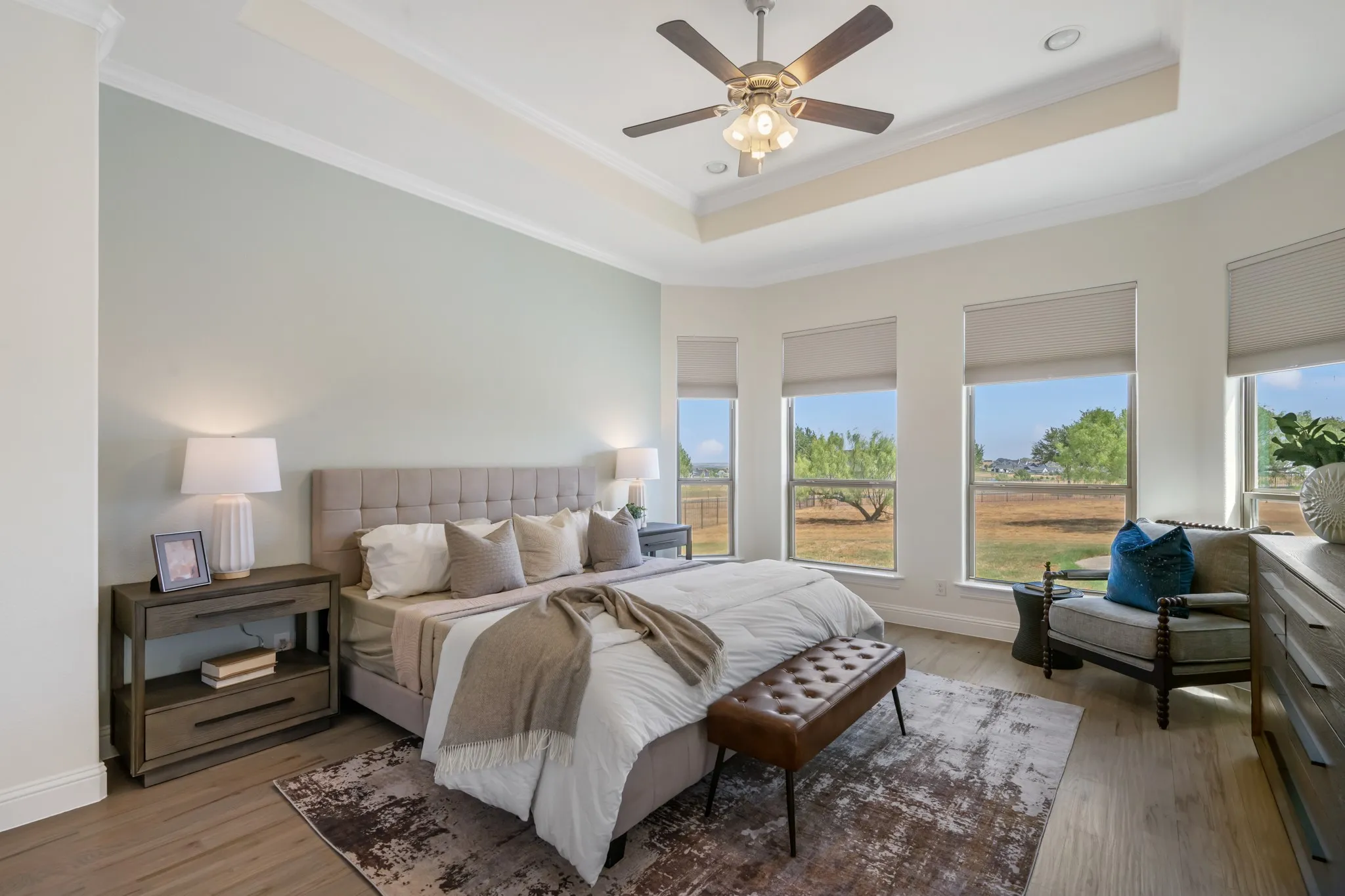 Tray ceiling with crown molding, ceiling fan, expansive windows with roller shades, and wood-finish flooring