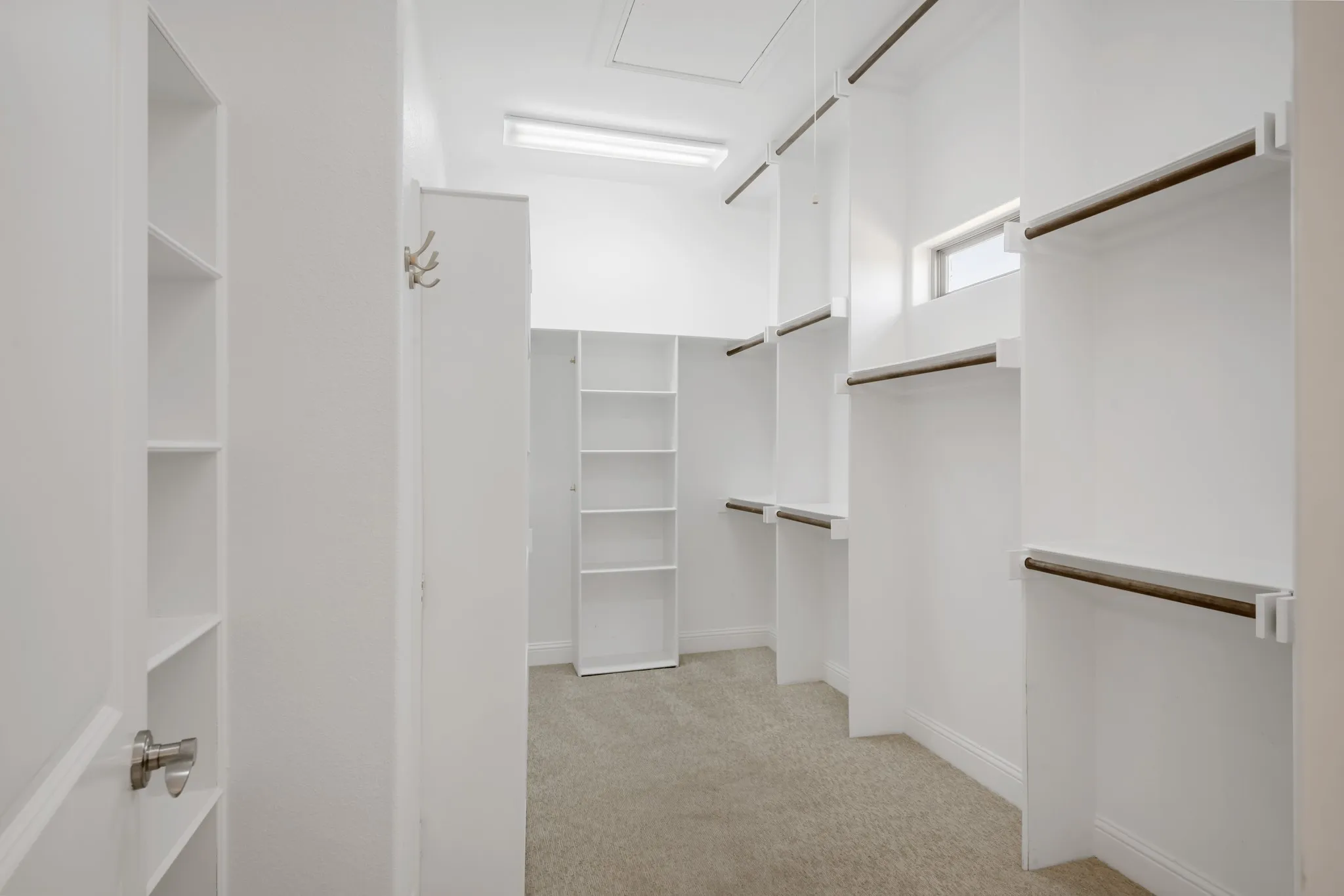 Walk-in closet featuring extensive built-in shelving, multiple hanging rods, natural light from a high window, and neutral carpeting
