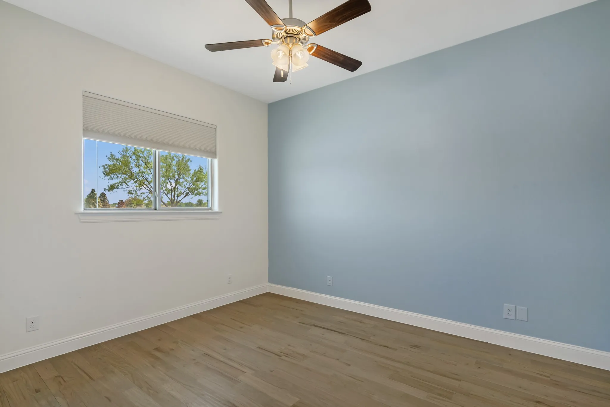 Wood-finish flooring, accent wall, window with roller shade, and ceiling fan with integrated lighting