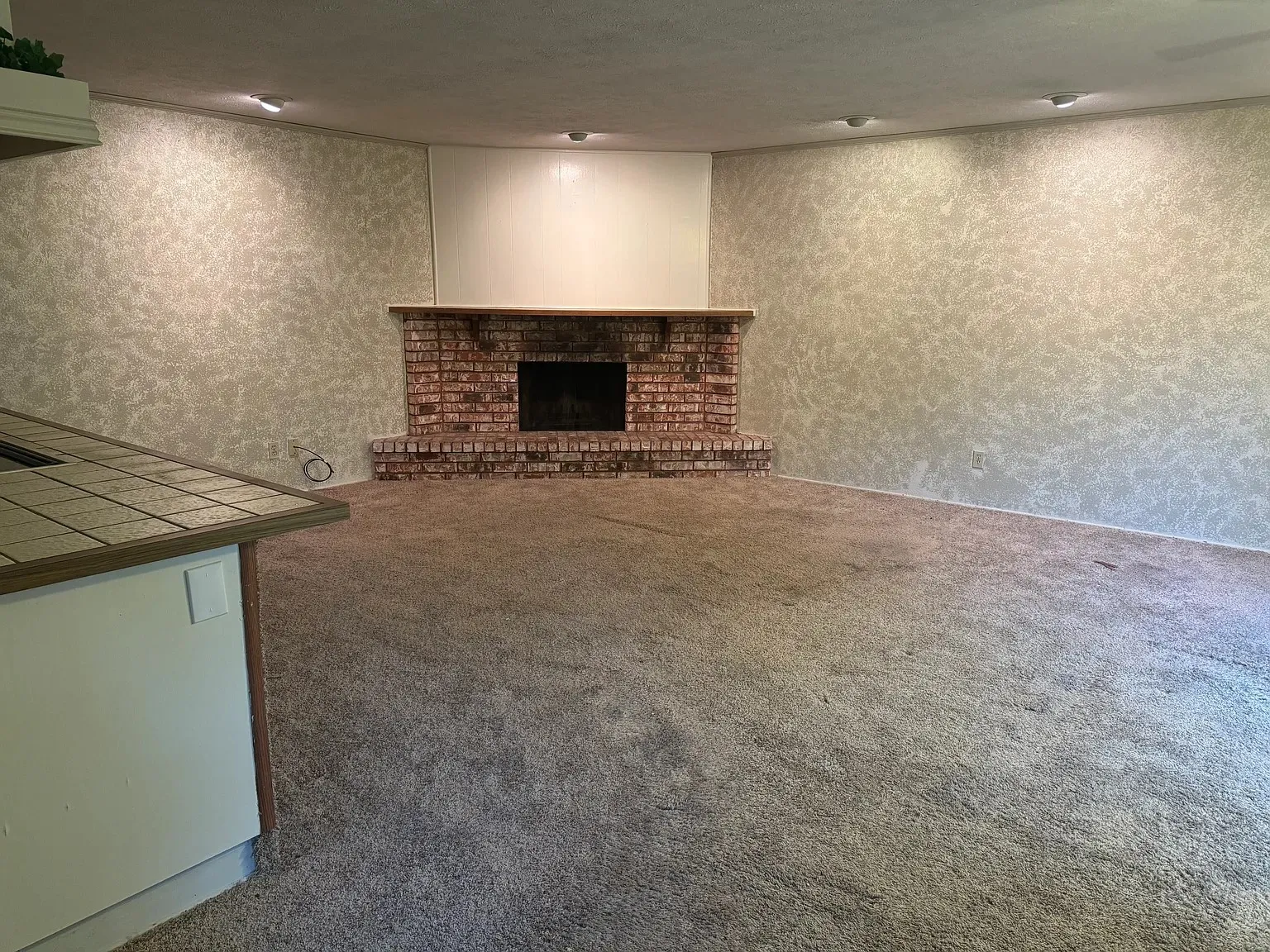 Brick fireplace with a wood mantle, carpet flooring, and track lighting