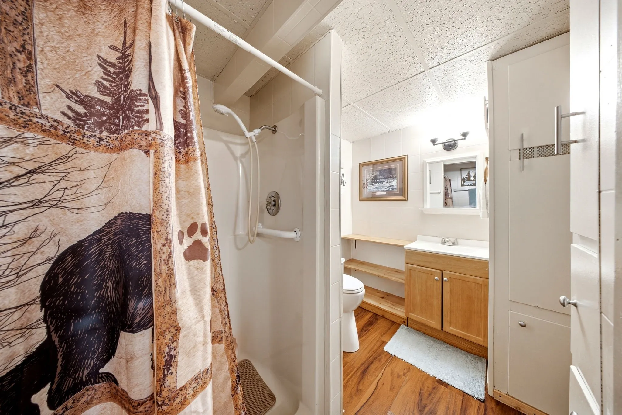 Wood-finish flooring with a light-toned vanity, white sink, and wall-mounted mirror