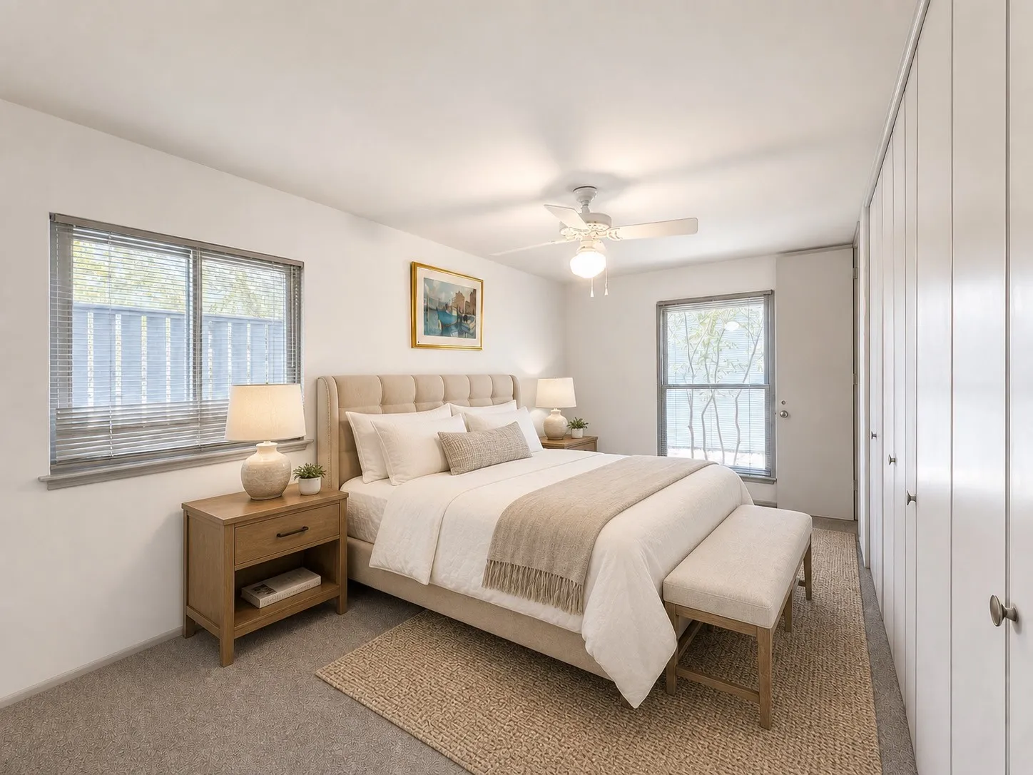 Integrated ceiling fan with light fixture, multiple windows with blinds, wall-to-wall carpeting, and floor-to-ceiling built-in closets