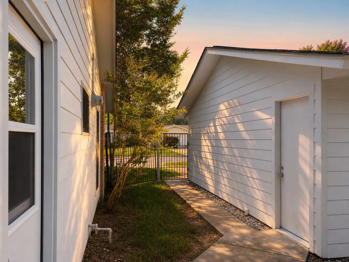 White horizontal siding exterior with a concrete walkway, black metal fencing, and a separate structure featuring a side-entry door