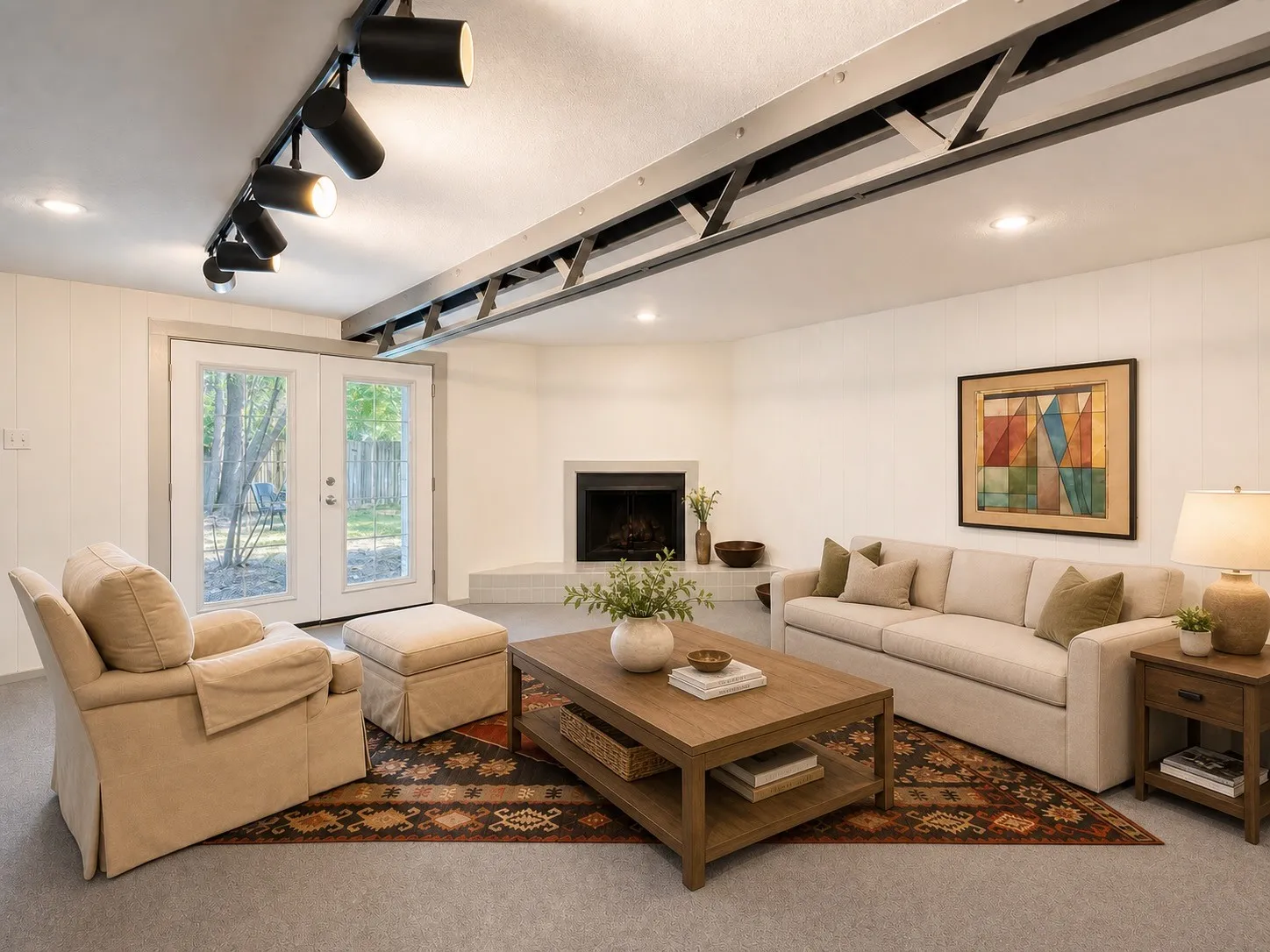 Recessed lighting and track lighting fixtures illuminate the space