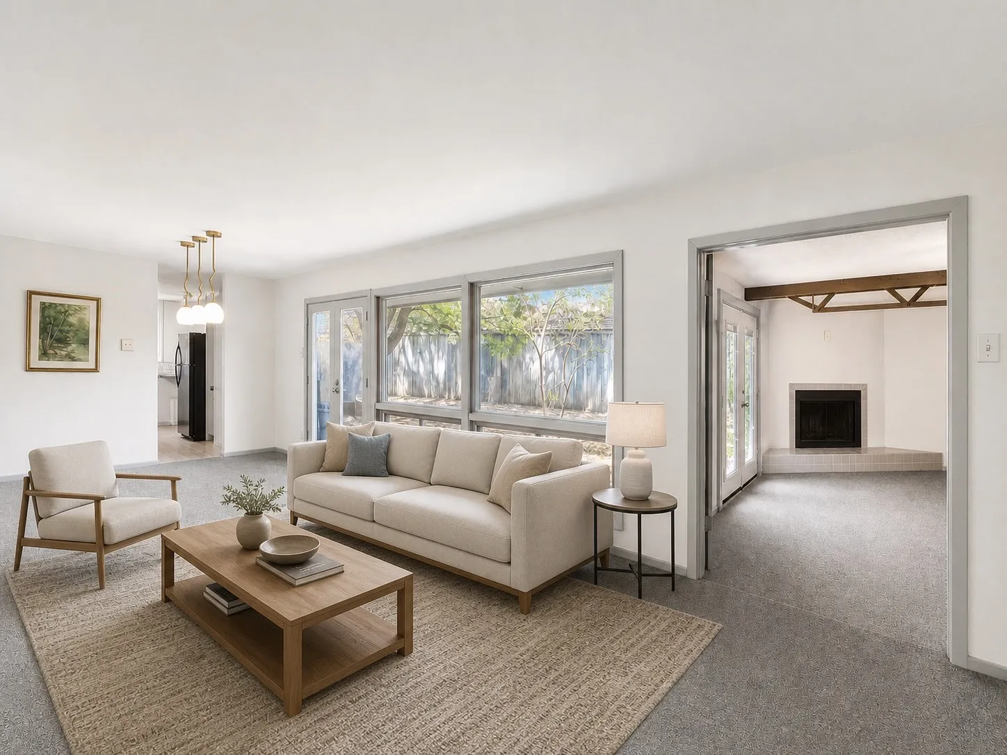 Wall-to-wall carpeting throughout, with a large window bank overlooking the exterior