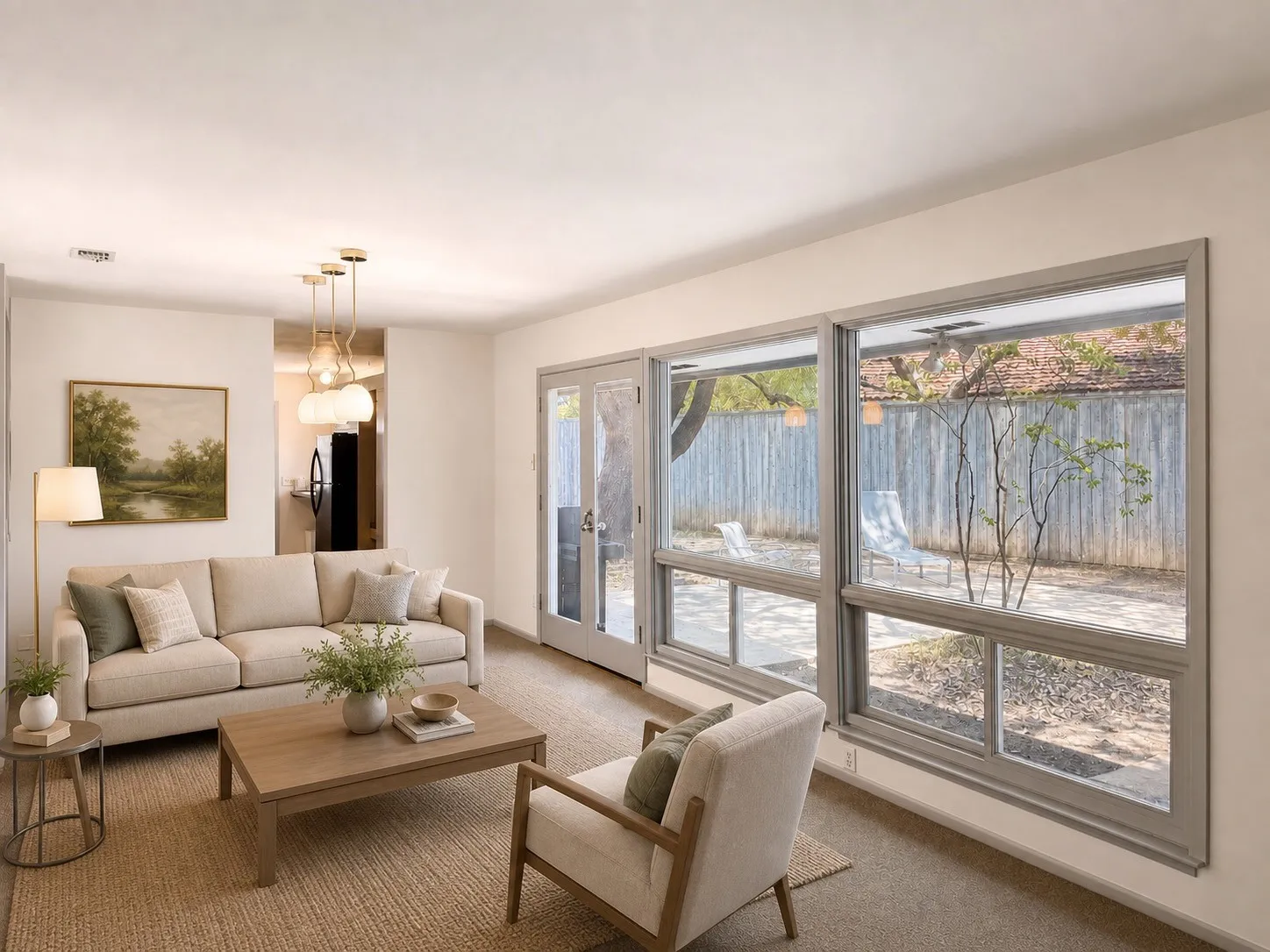 White walls, recessed lighting, and a gold-tone chandelier illuminate the space