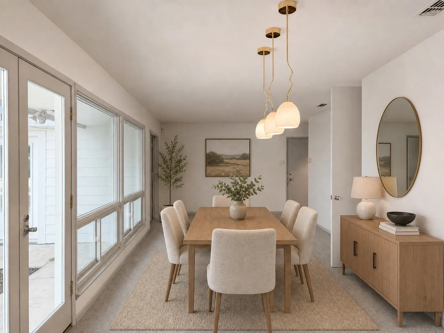 Recessed lighting, wood-finish flooring, full-light French doors, and an elongated window bank