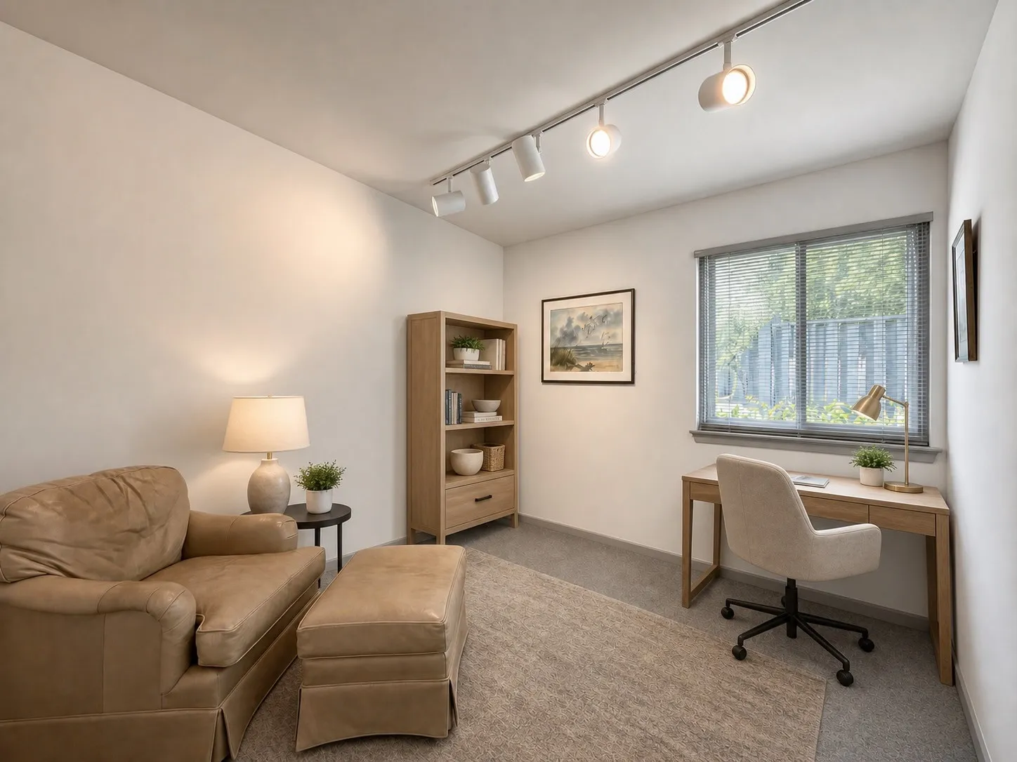 Track lighting with multiple fixtures, window with horizontal blinds, light-toned walls, and carpet flooring
