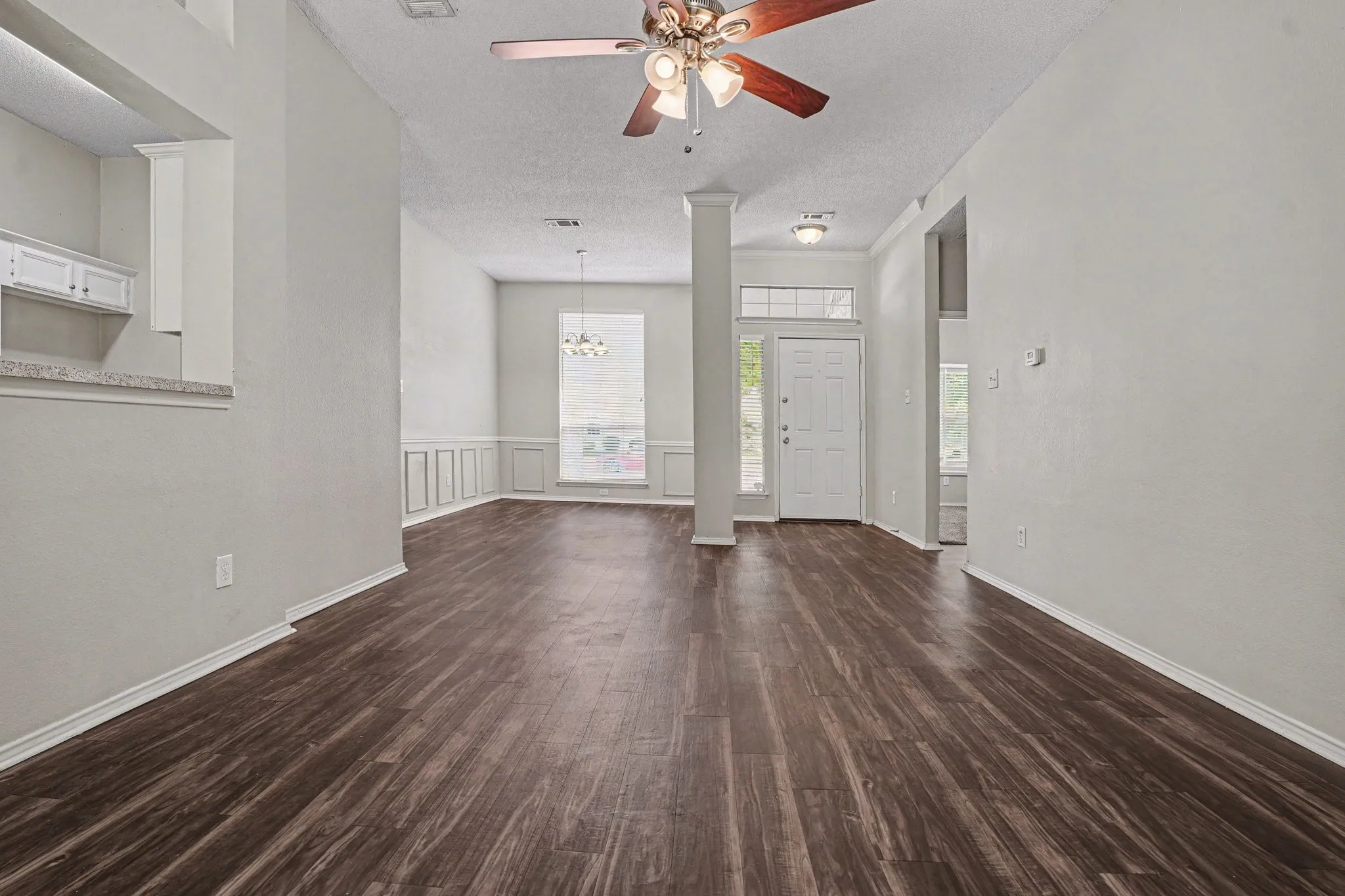 View from the living room into the combined living and dining area.