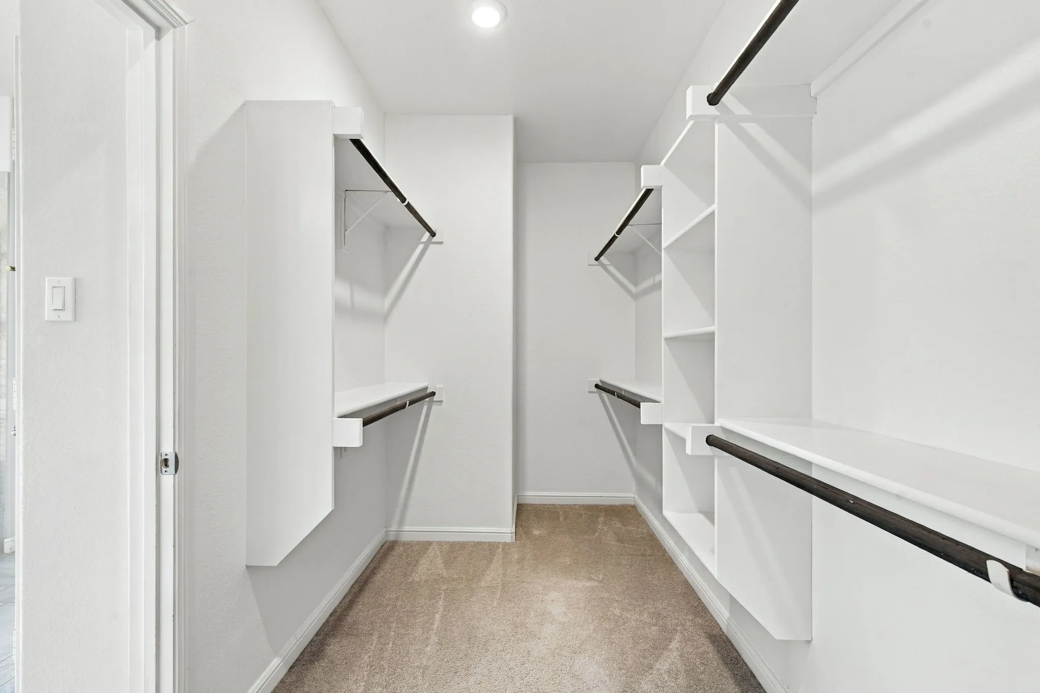 Walk-in closet featuring built-in shelving, hanging rods, and neutral-toned carpet flooring