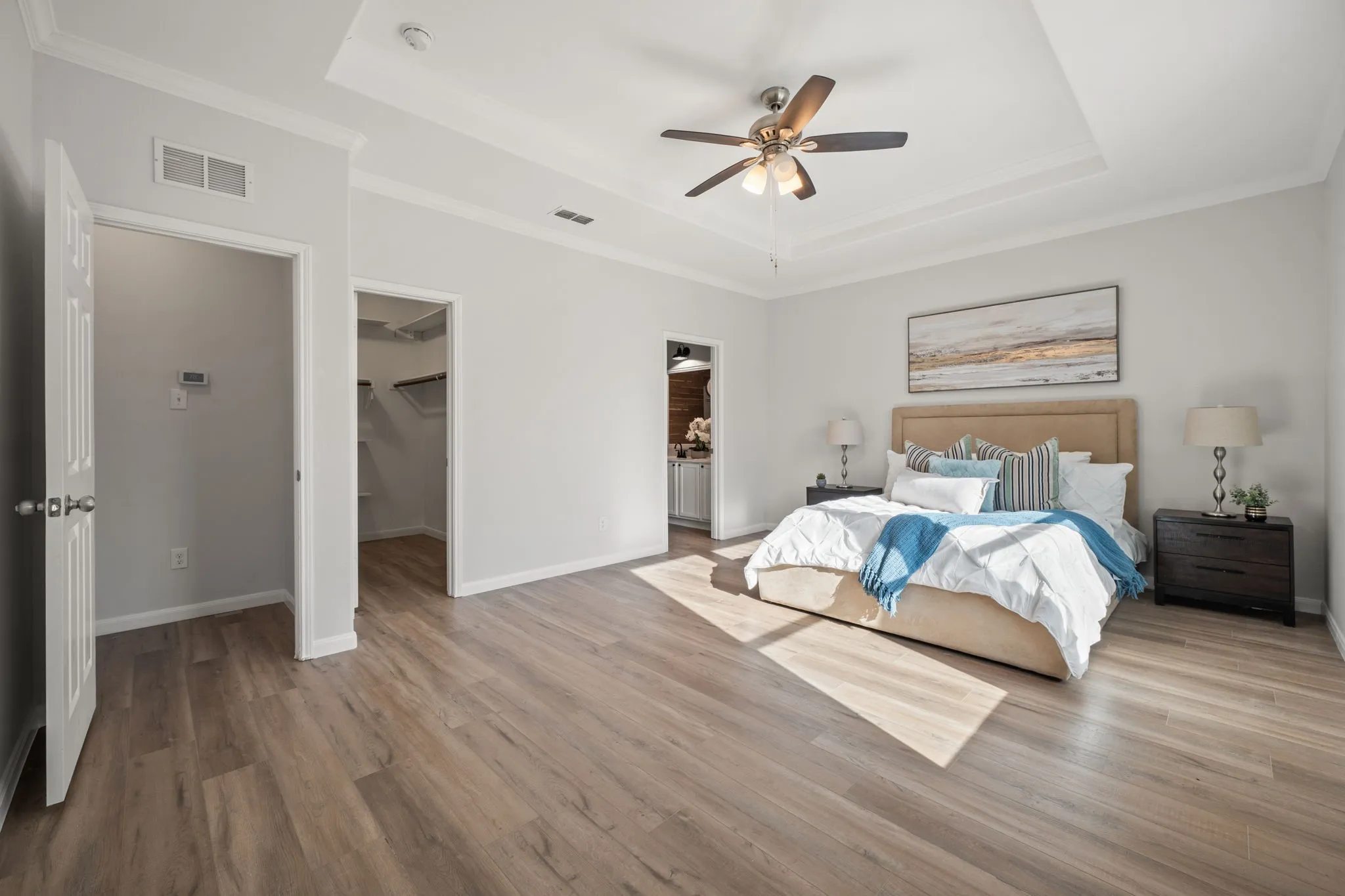 Tray ceiling with crown molding, wood-finish flooring, ceiling fan, and walk-in closet access