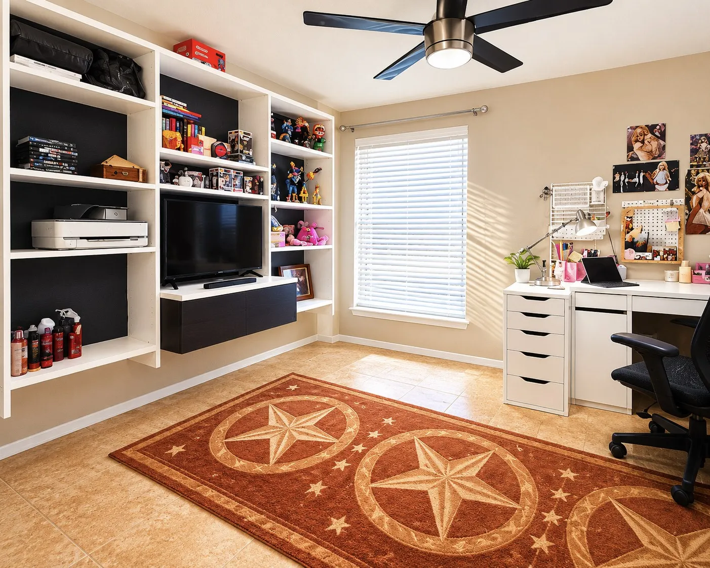 Built-in shelving unit with media console, ceiling fan with integrated lighting, window with blinds, and tile flooring