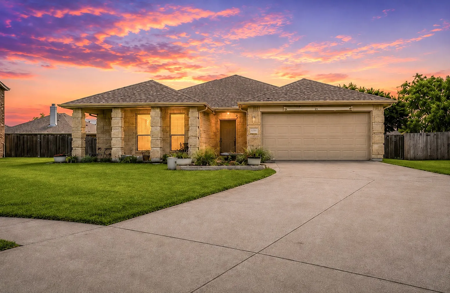 Single-story residence featuring a stone-clad facade, attached two-car garage, and a concrete driveway