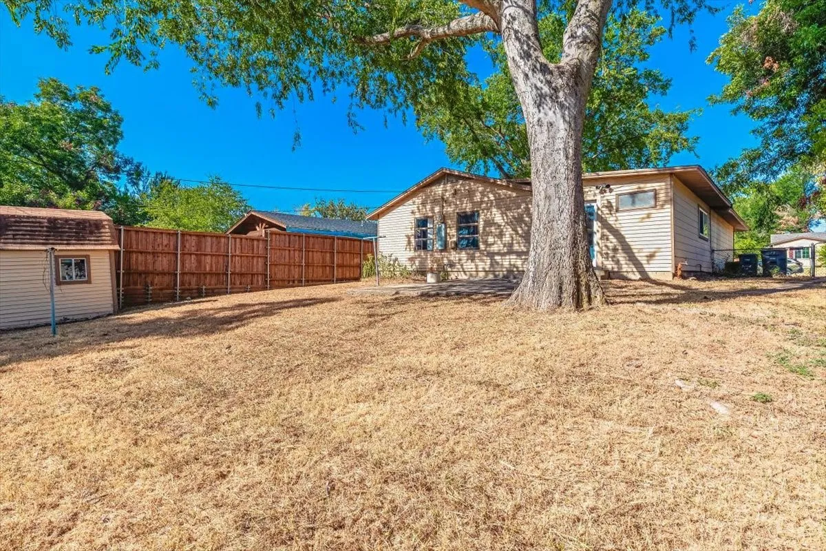 Expansive backyard featuring a large tree, wood privacy fence, and an auxiliary storage shed