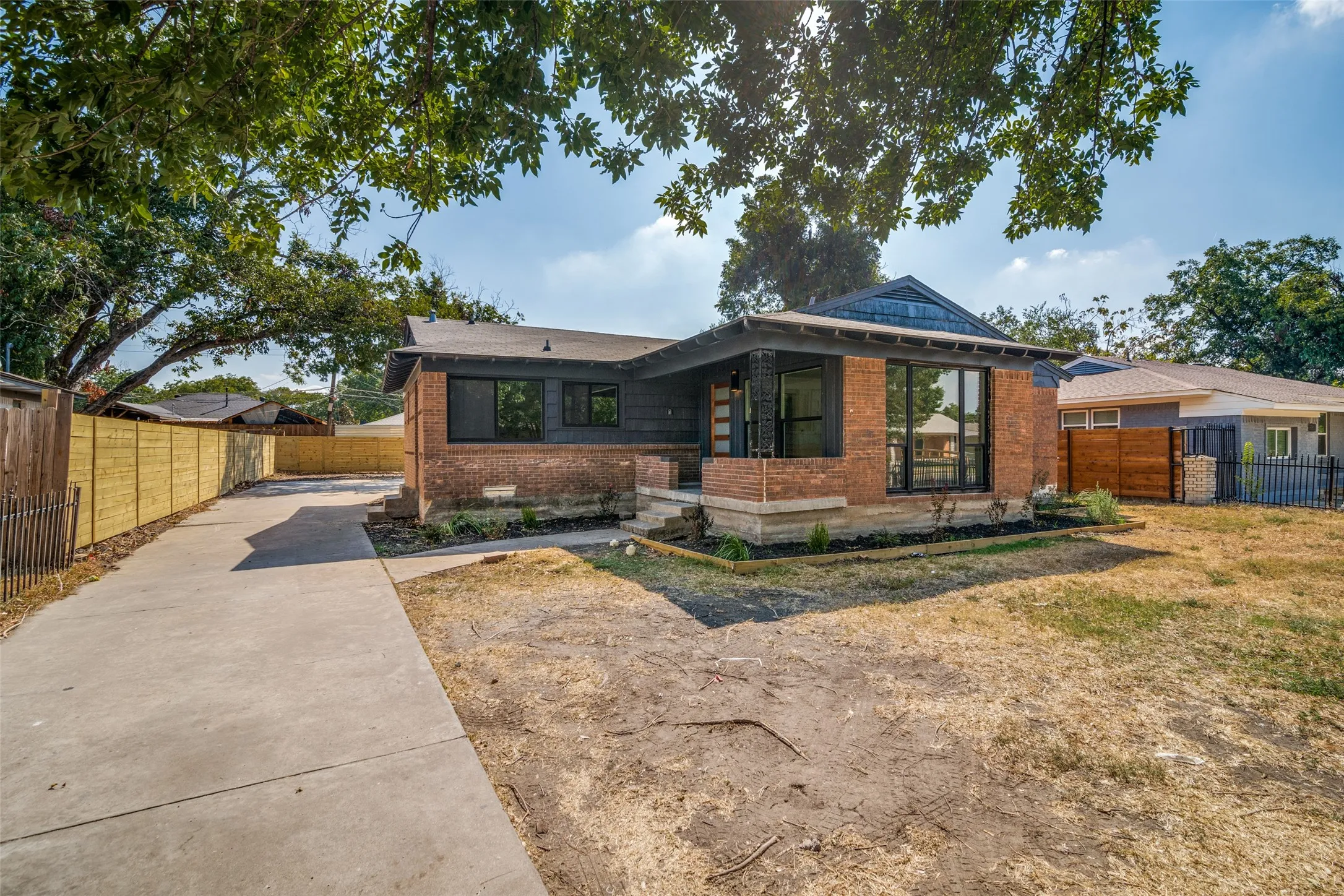 Brick exterior with dark trim accents