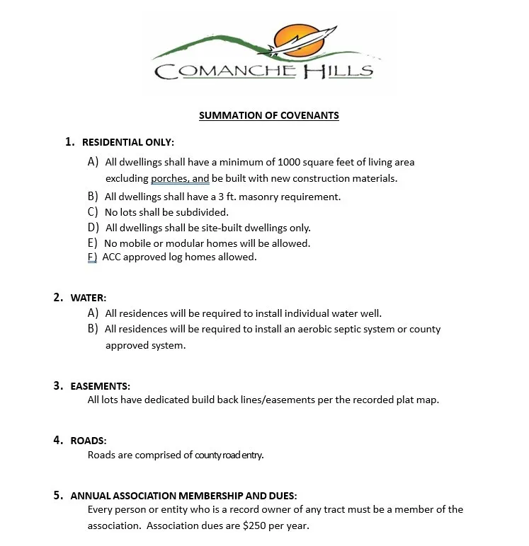 Summation of Covenants. Listing property restrictions and requirements, including residential construction standards, utility provisions, easements, road access, and association membership obligations