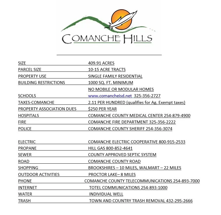 Marketing Flyer. Displaying property specifications and local amenities for the Comanche Hills development