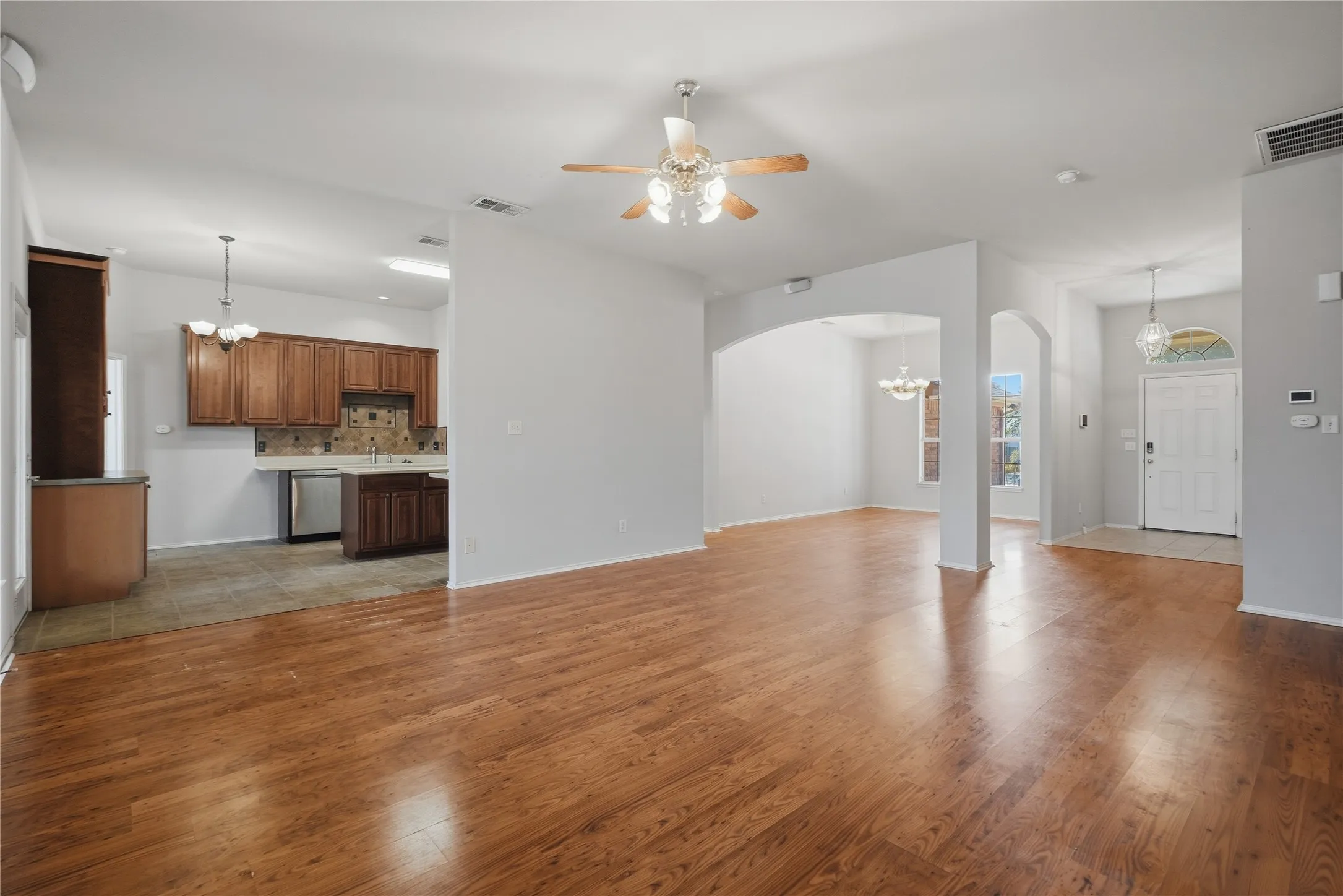 Wood-finish flooring throughout the main living space